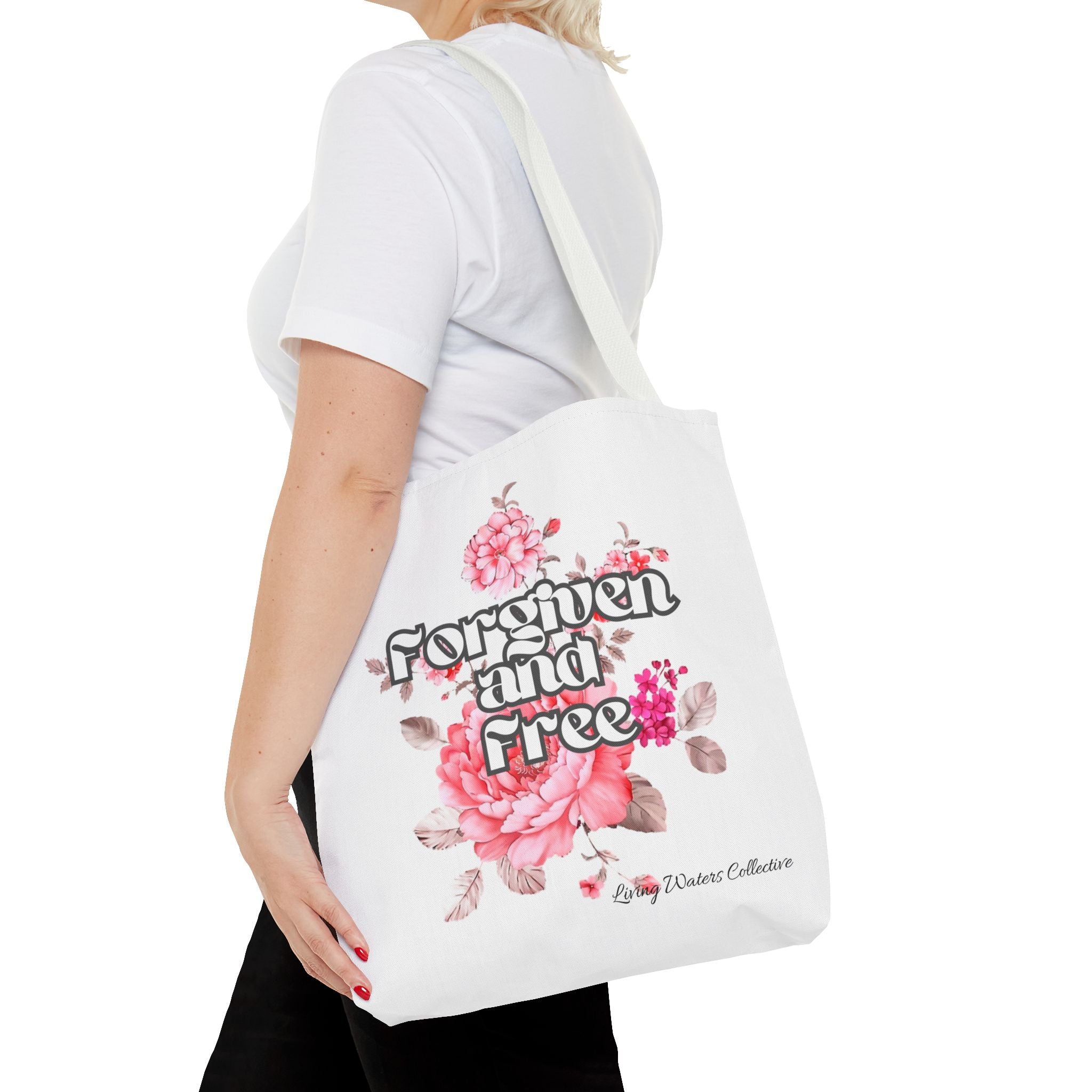 Forgiven and Free Tote Bag | Floral Script Design