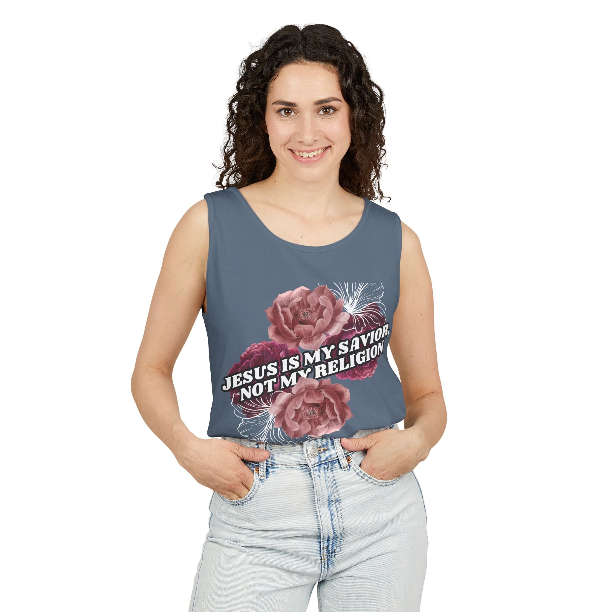 Jesus Is My Savior Not My Religion floral Christian tank top. Unisex garment-dyed, 100% US cotton. Bold faith gift for women. Eco-friendly & made to order.
