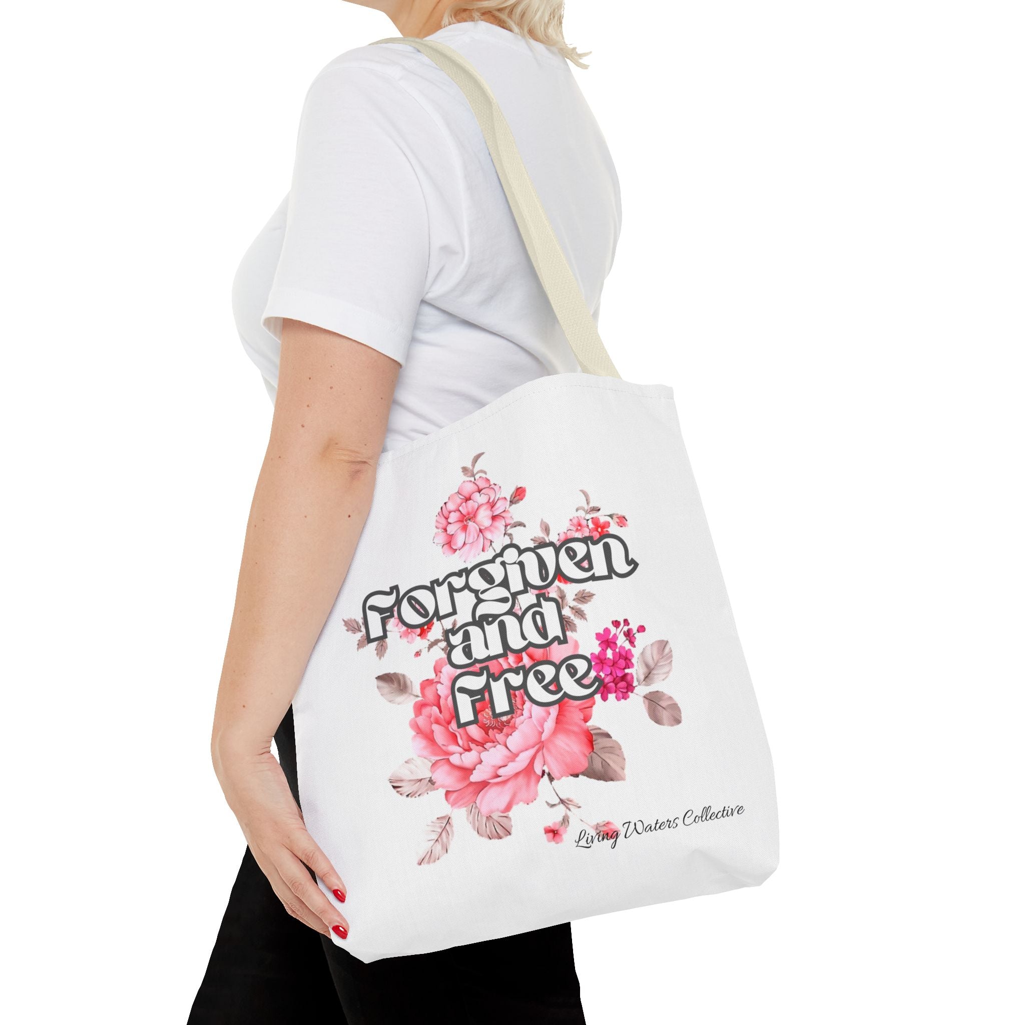 Forgiven and Free Tote Bag | Floral Script Design