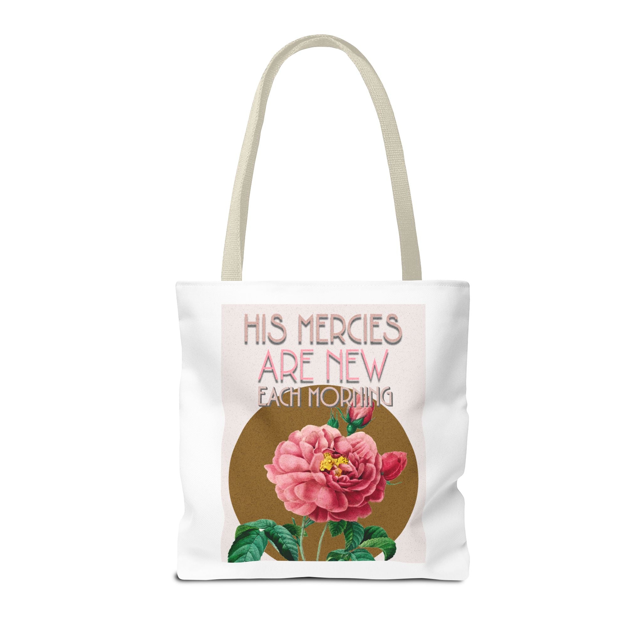 Lamentations 3:23 floral Christian tote bag — His Mercies Are New Each Morning. Beautiful faith gift for women. Durable all-over print. 3 sizes.