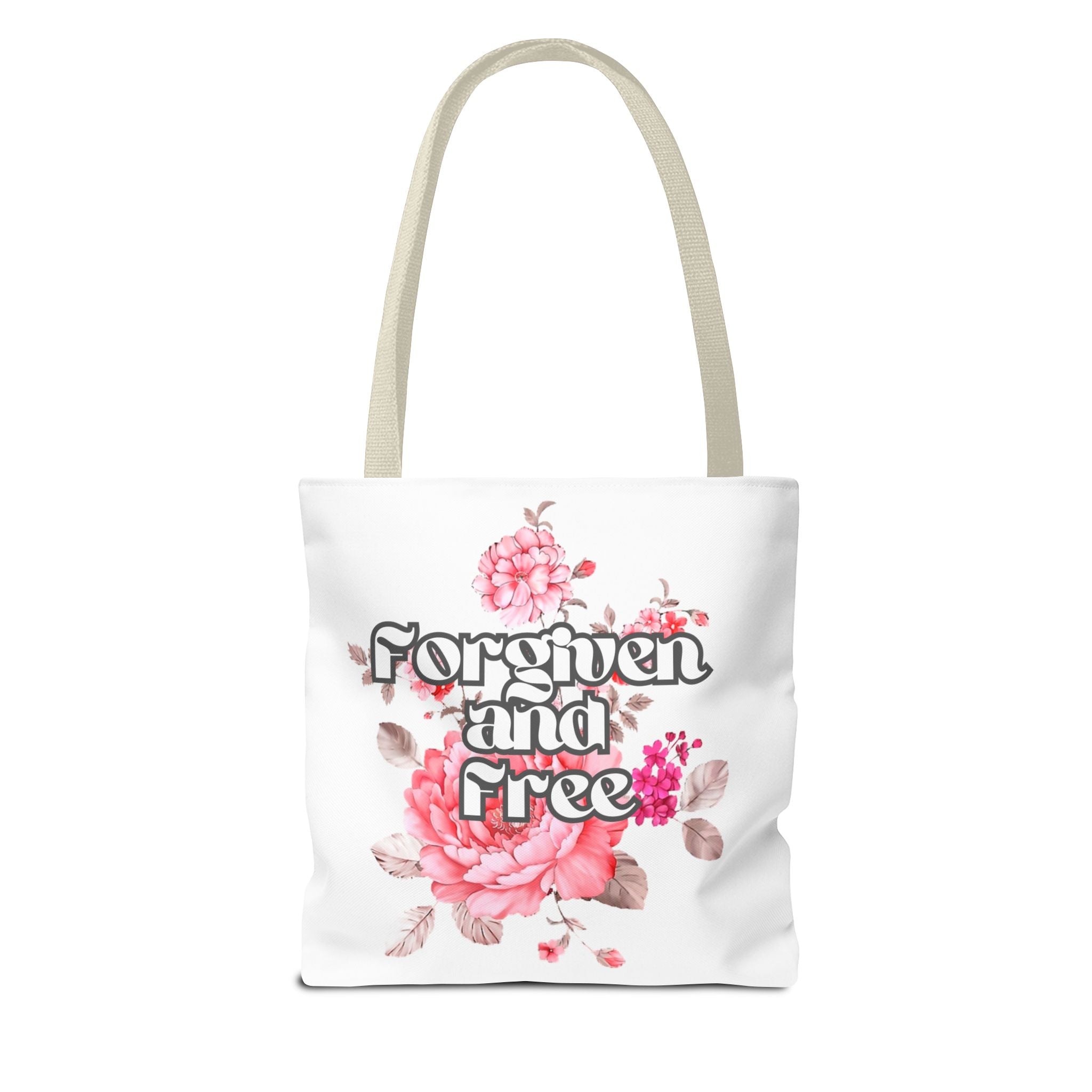 Forgiven and Free Tote Bag | Floral Script Design