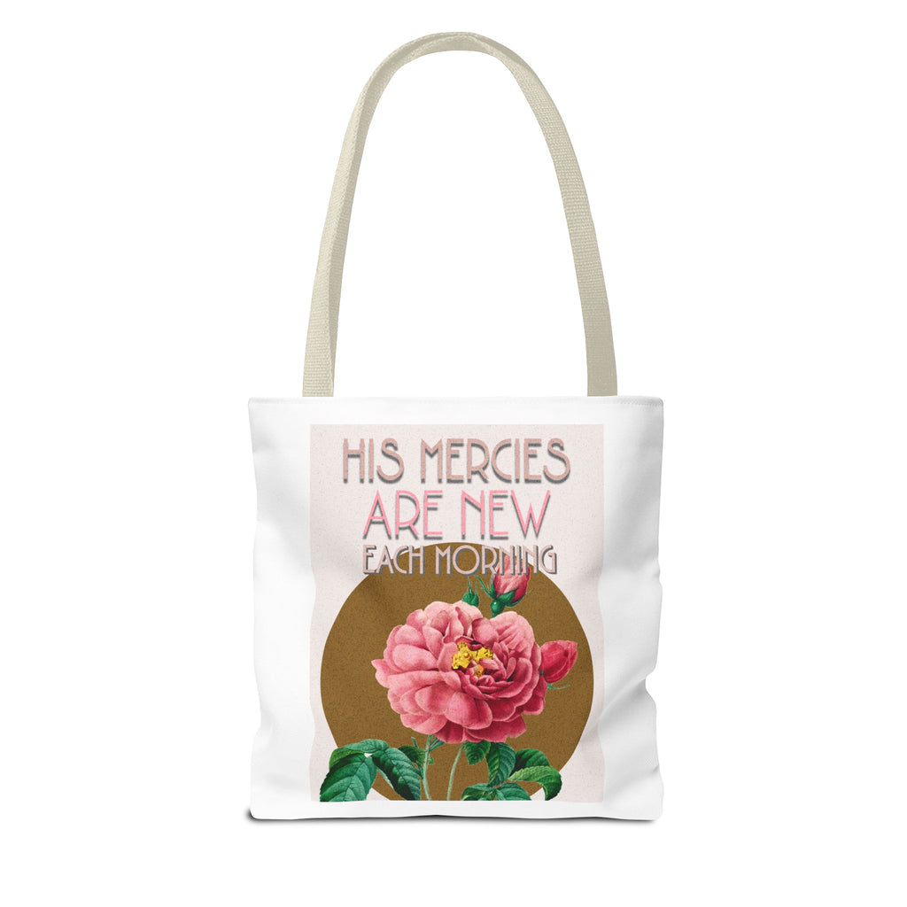 Lamentations 3:23 floral Christian tote bag — His Mercies Are New Each Morning. Beautiful faith gift for women. Durable all-over print. 3 sizes.