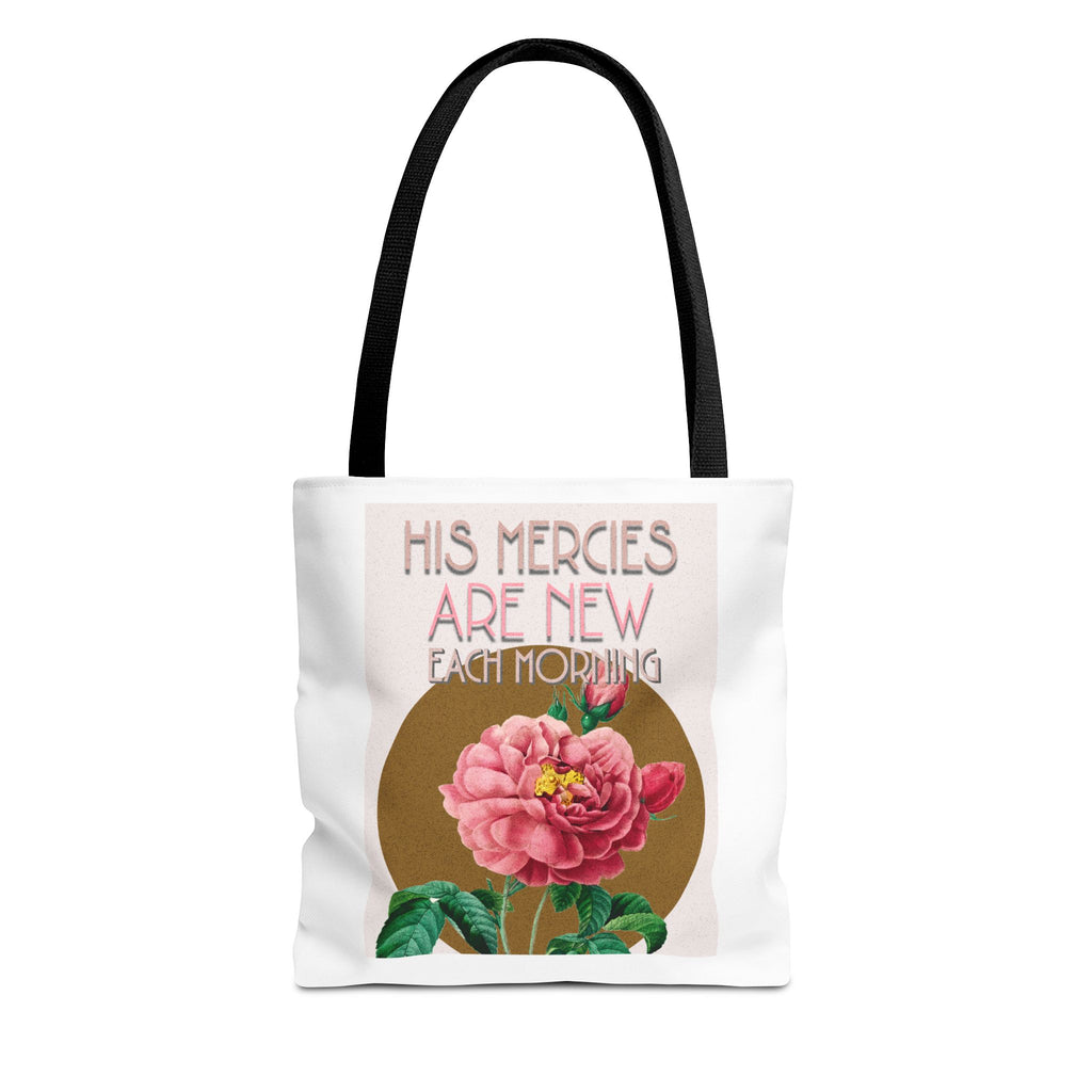 Lamentations 3:23 floral Christian tote bag — His Mercies Are New Each Morning. Beautiful faith gift for women. Durable all-over print. 3 sizes.