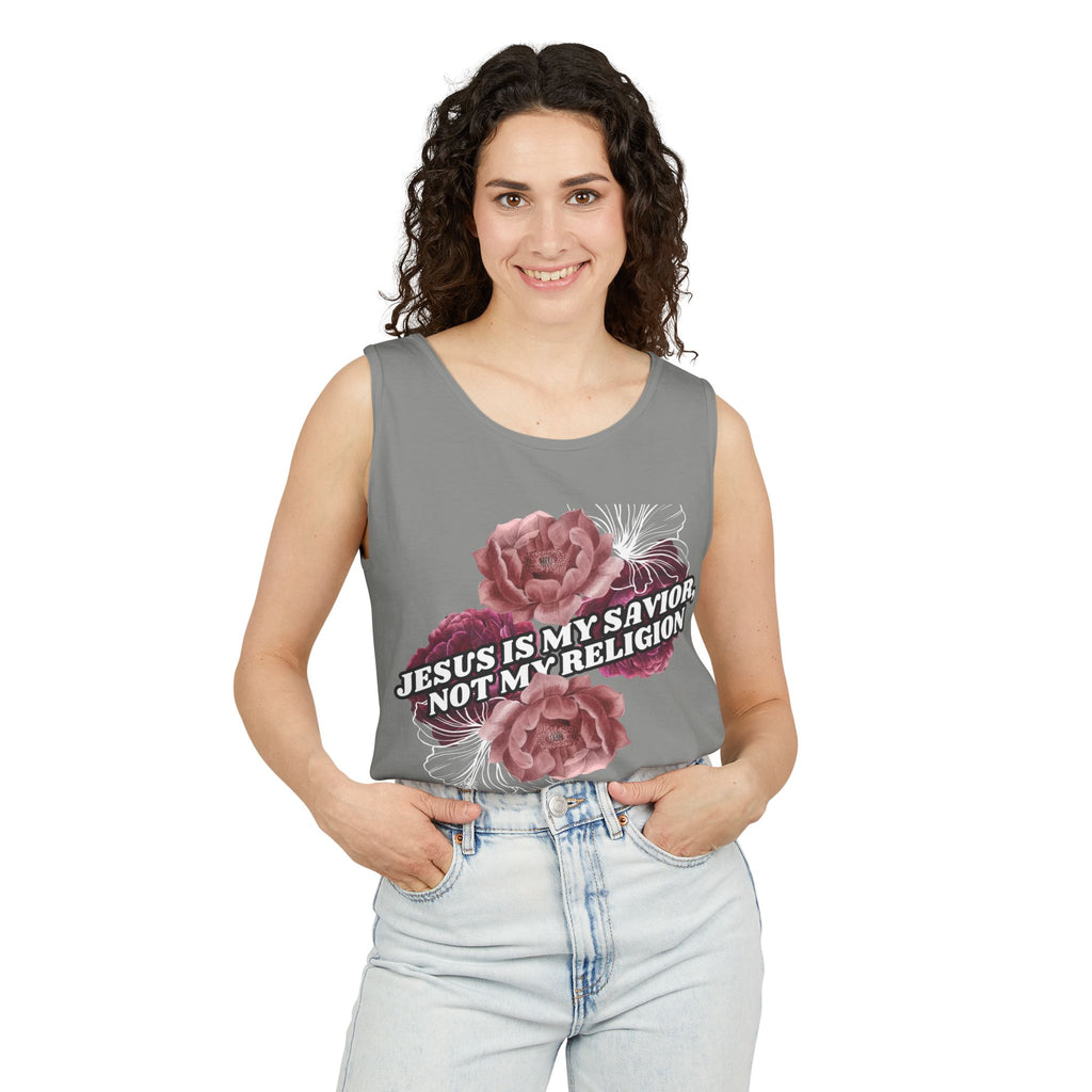 Jesus Is My Savior Not My Religion floral Christian tank top. Unisex garment-dyed, 100% US cotton. Bold faith gift for women. Eco-friendly & made to order.