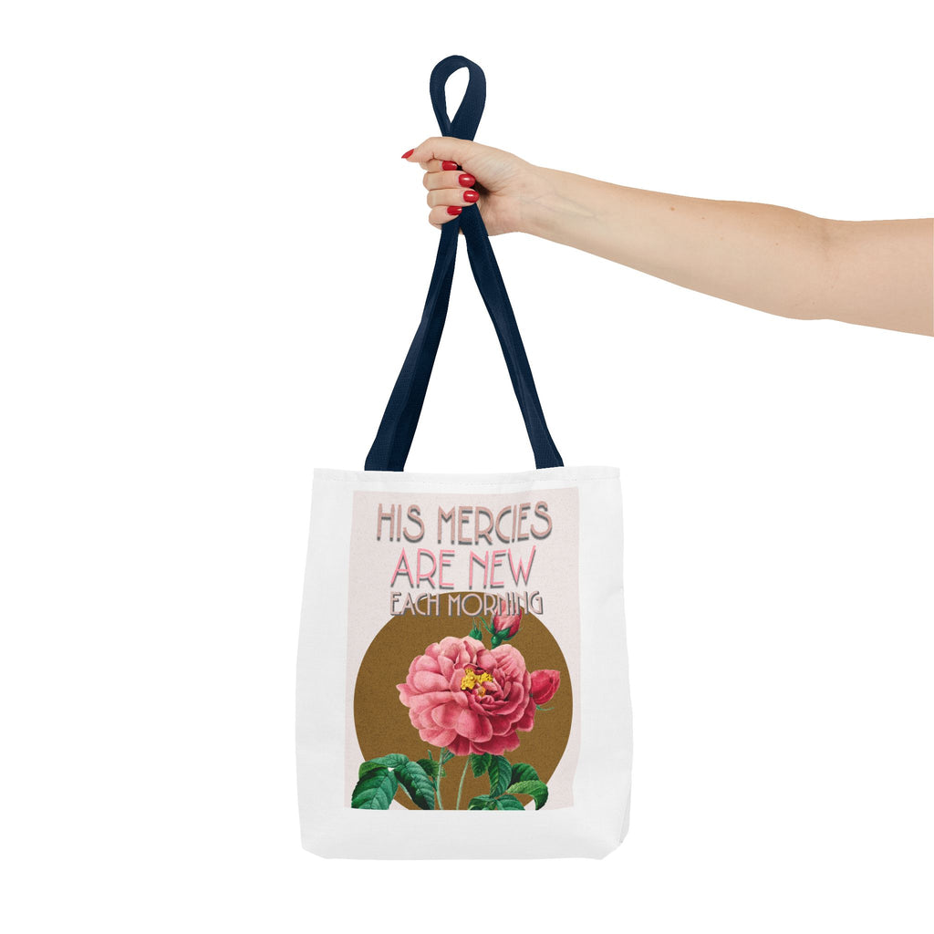 Lamentations 3:23 floral Christian tote bag — His Mercies Are New Each Morning. Beautiful faith gift for women. Durable all-over print. 3 sizes.