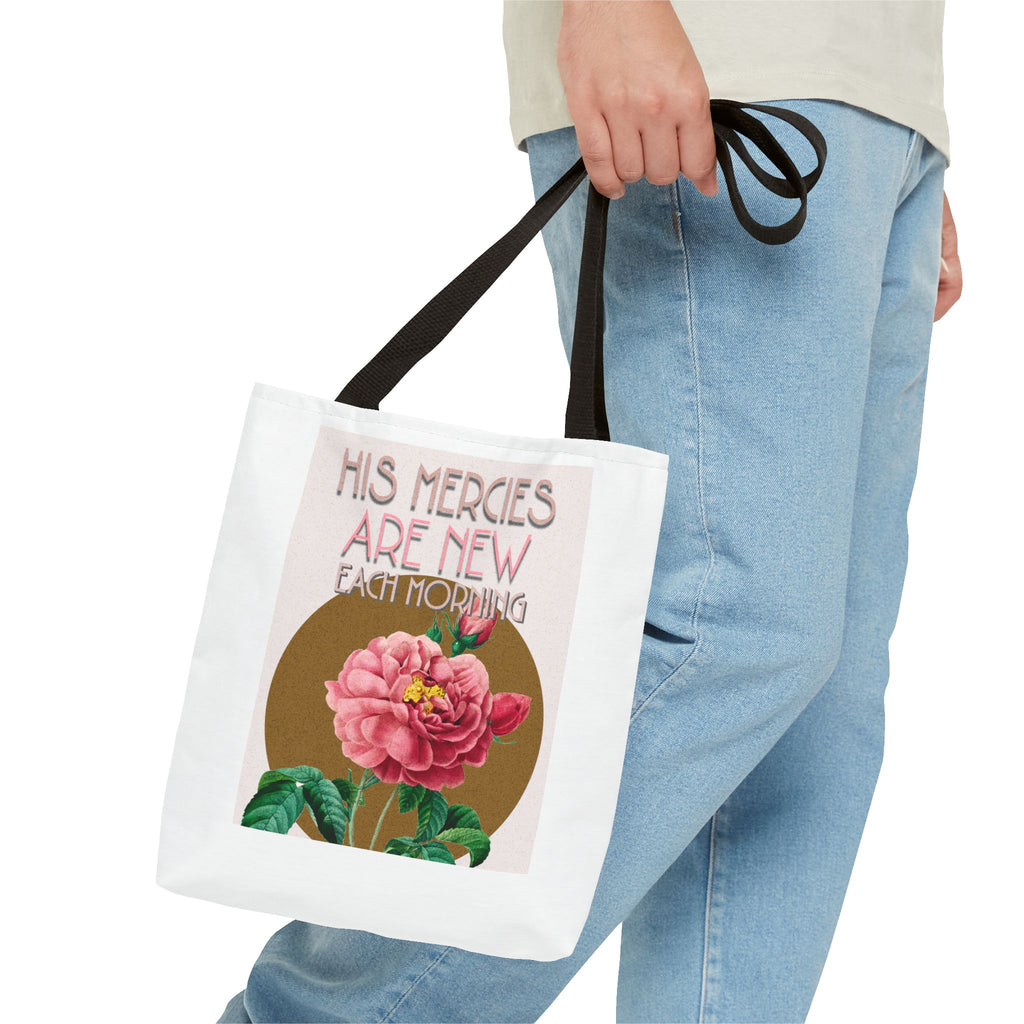 Lamentations 3:23 floral Christian tote bag — His Mercies Are New Each Morning. Beautiful faith gift for women. Durable all-over print. 3 sizes.