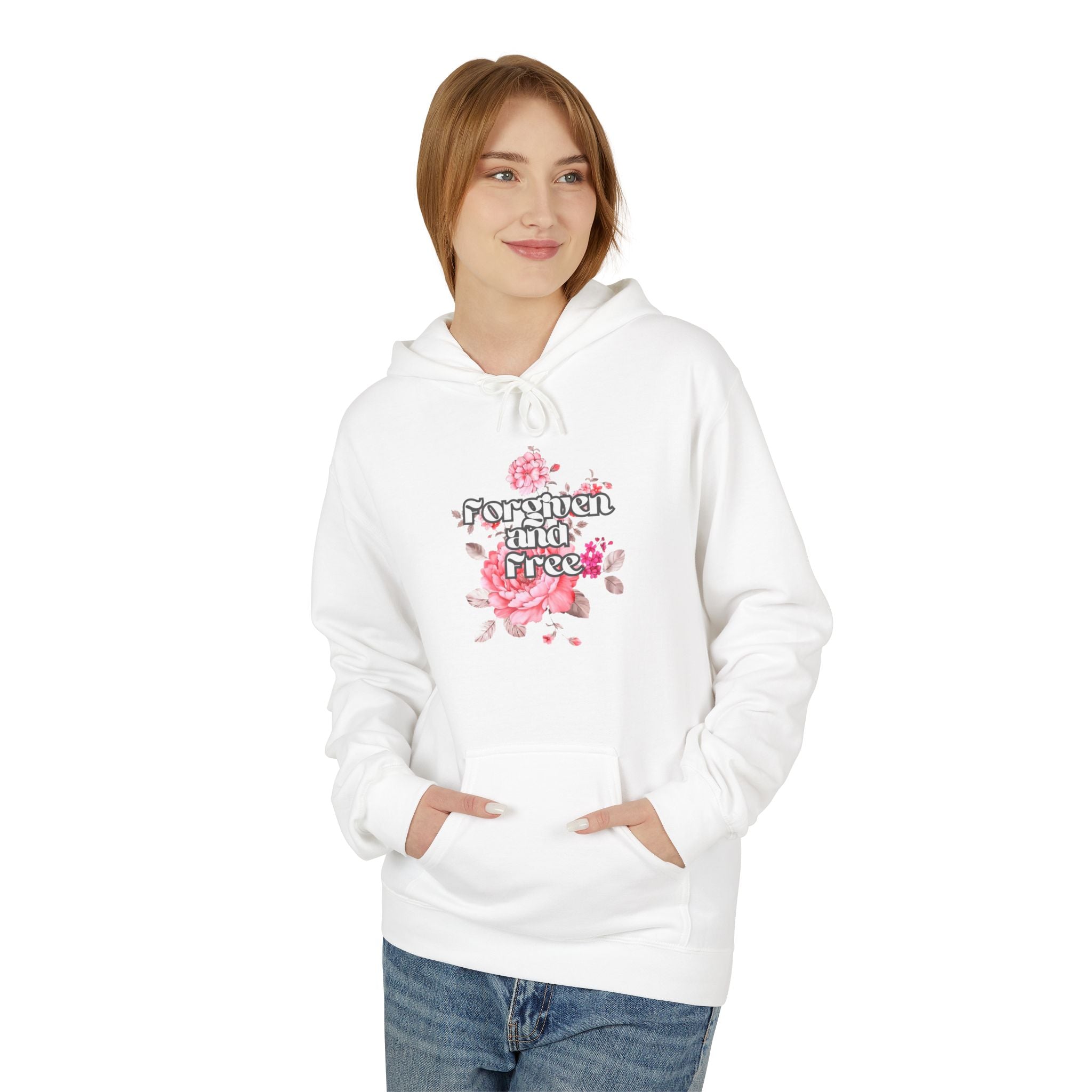 Floral  Christian hoodie — forgiven and free in Jesus. Beautiful rose faith sweatshirt for women. Perfect Christian gift. Multiple sizes.