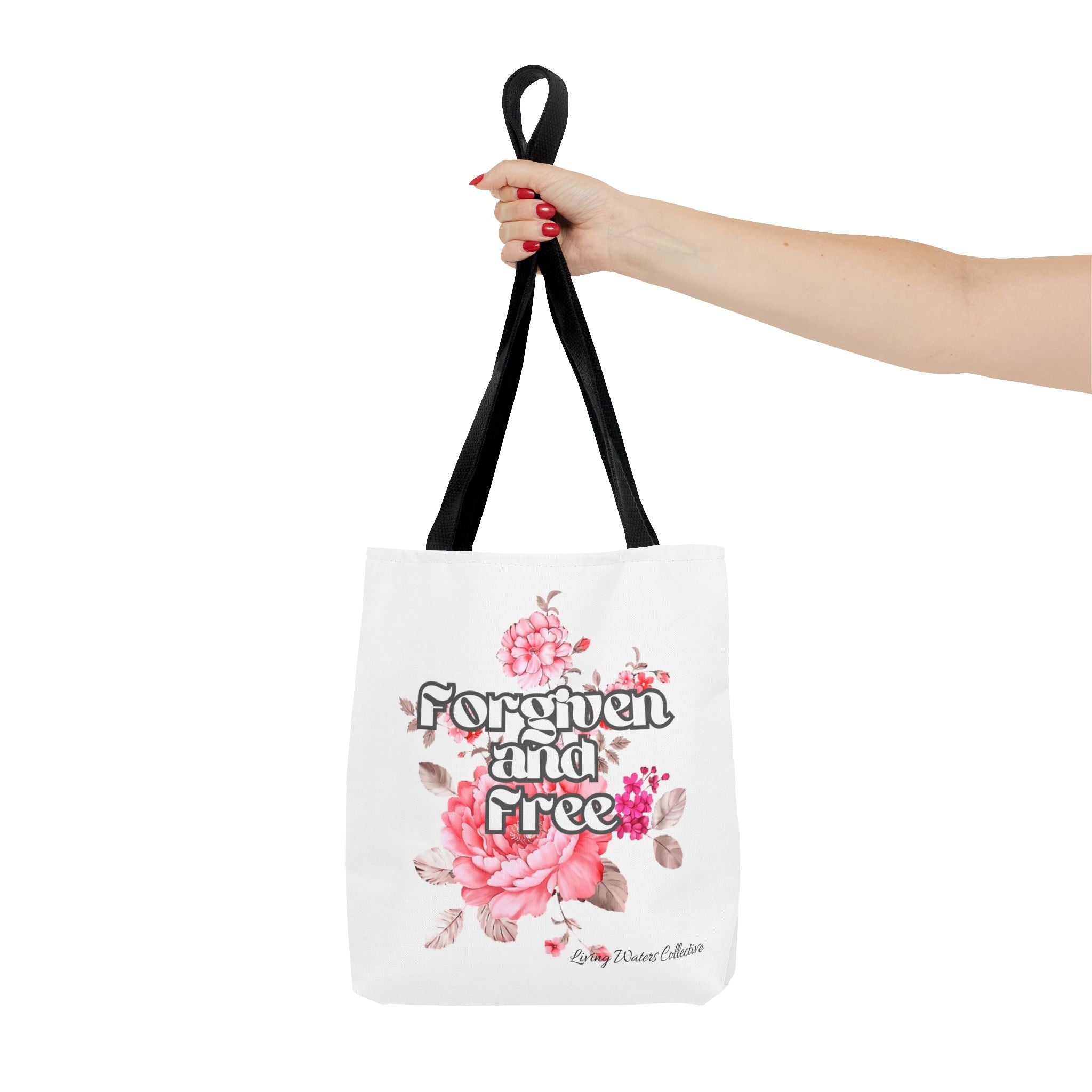 Forgiven and Free Tote Bag | Floral Script Design
