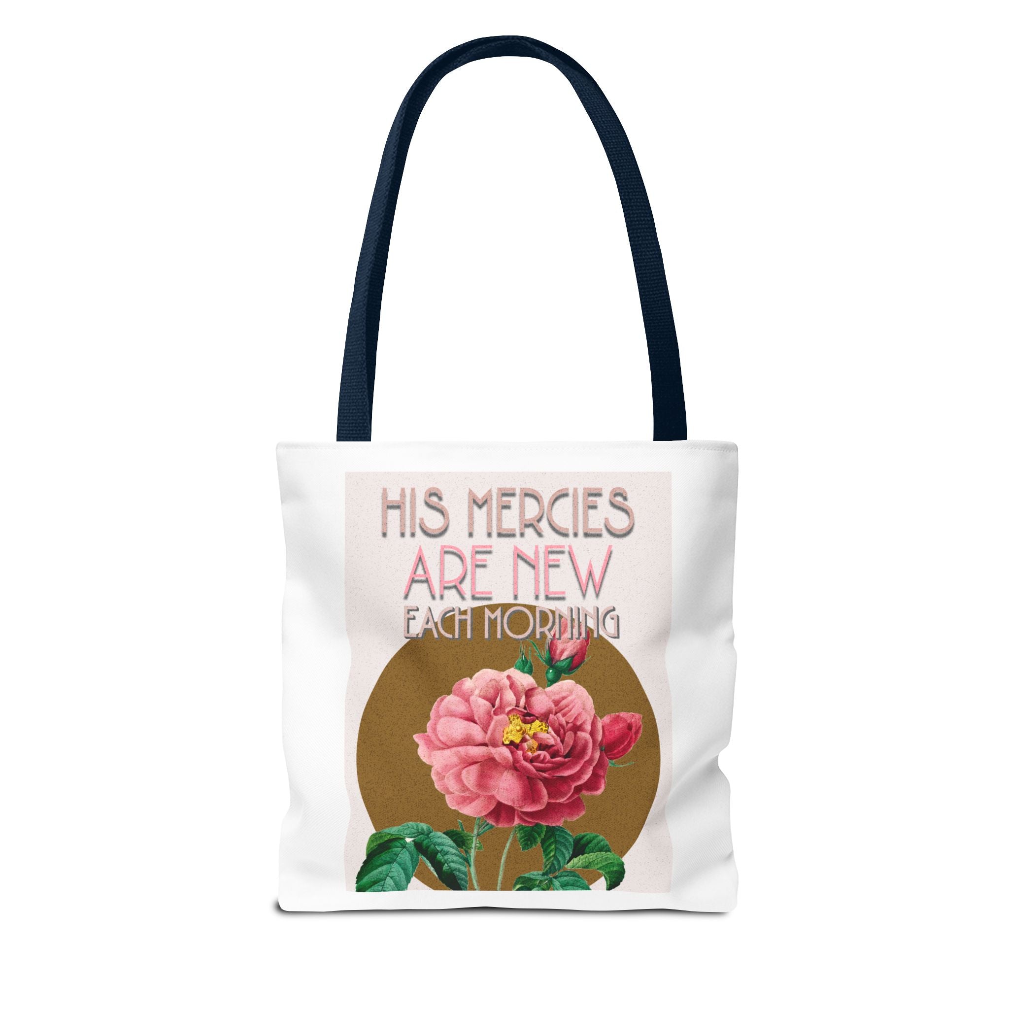 Lamentations 3:23 floral Christian tote bag — His Mercies Are New Each Morning. Beautiful faith gift for women. Durable all-over print. 3 sizes.