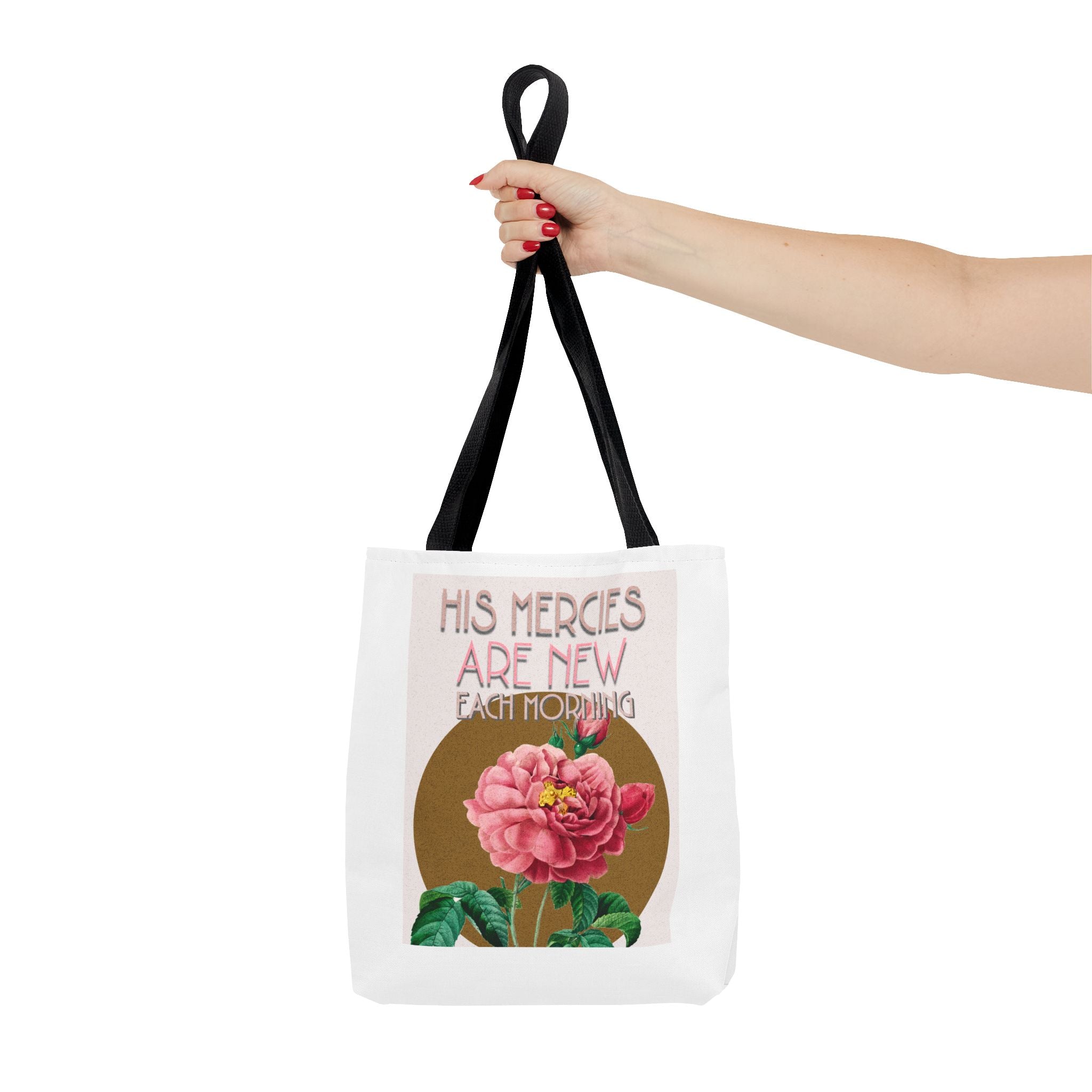 Lamentations 3:23 floral Christian tote bag — His Mercies Are New Each Morning. Beautiful faith gift for women. Durable all-over print. 3 sizes.