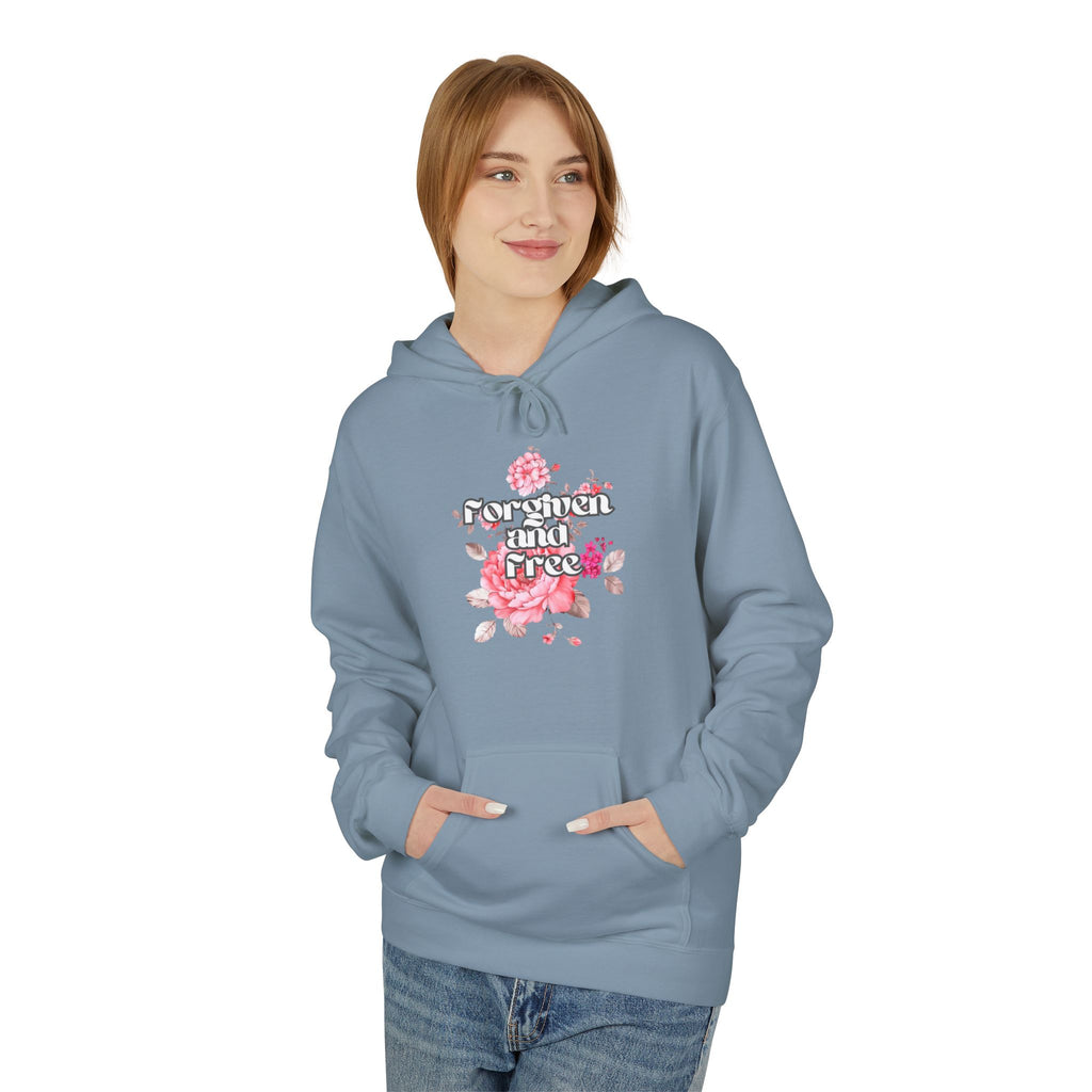 Floral  Christian hoodie — forgiven and free in Jesus. Beautiful rose faith sweatshirt for women. Perfect Christian gift. Multiple sizes.
