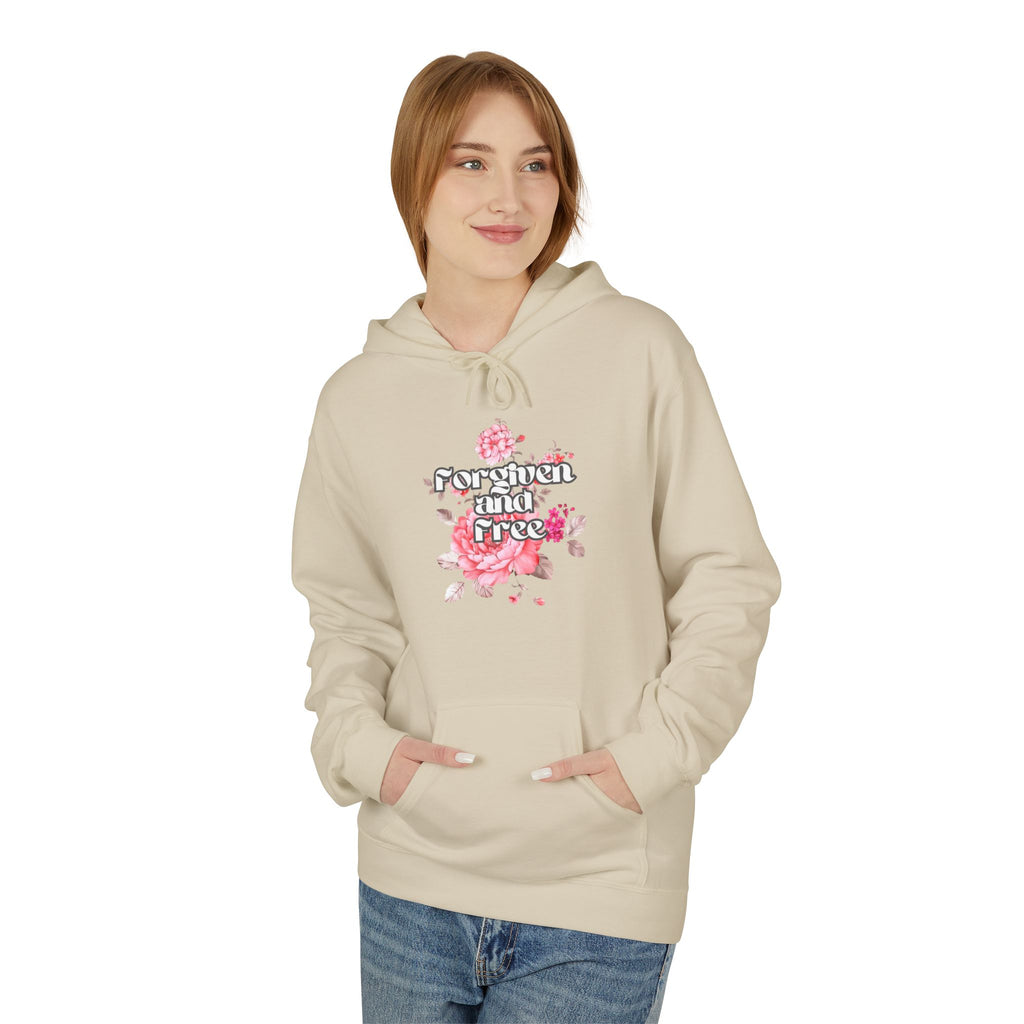 Floral  Christian hoodie — forgiven and free in Jesus. Beautiful rose faith sweatshirt for women. Perfect Christian gift. Multiple sizes.