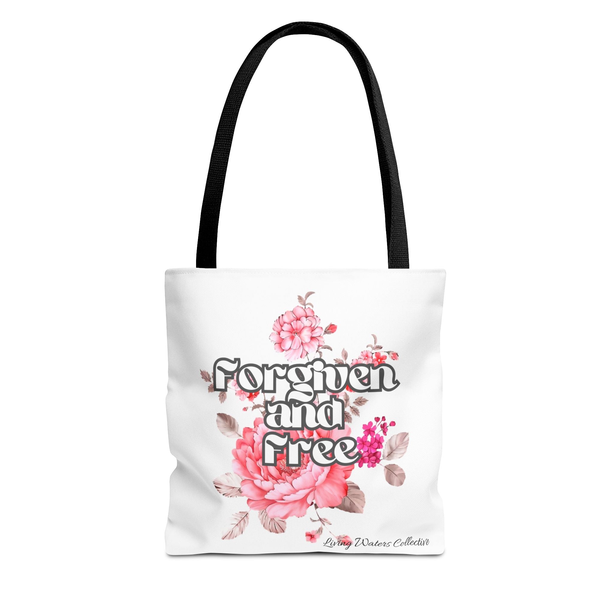 Forgiven and Free Tote Bag | Floral Script Design