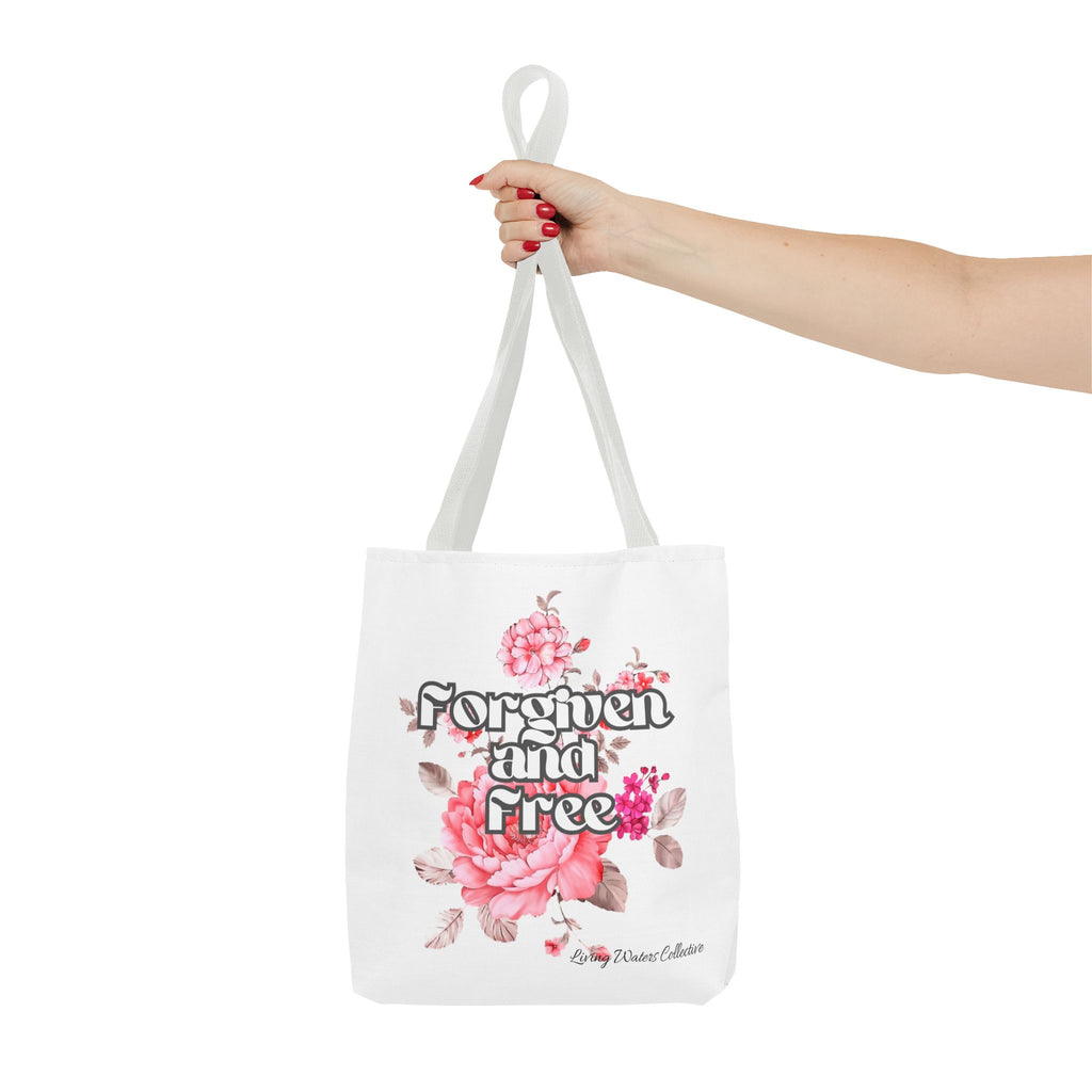 Forgiven and Free Tote Bag | Floral Script Design