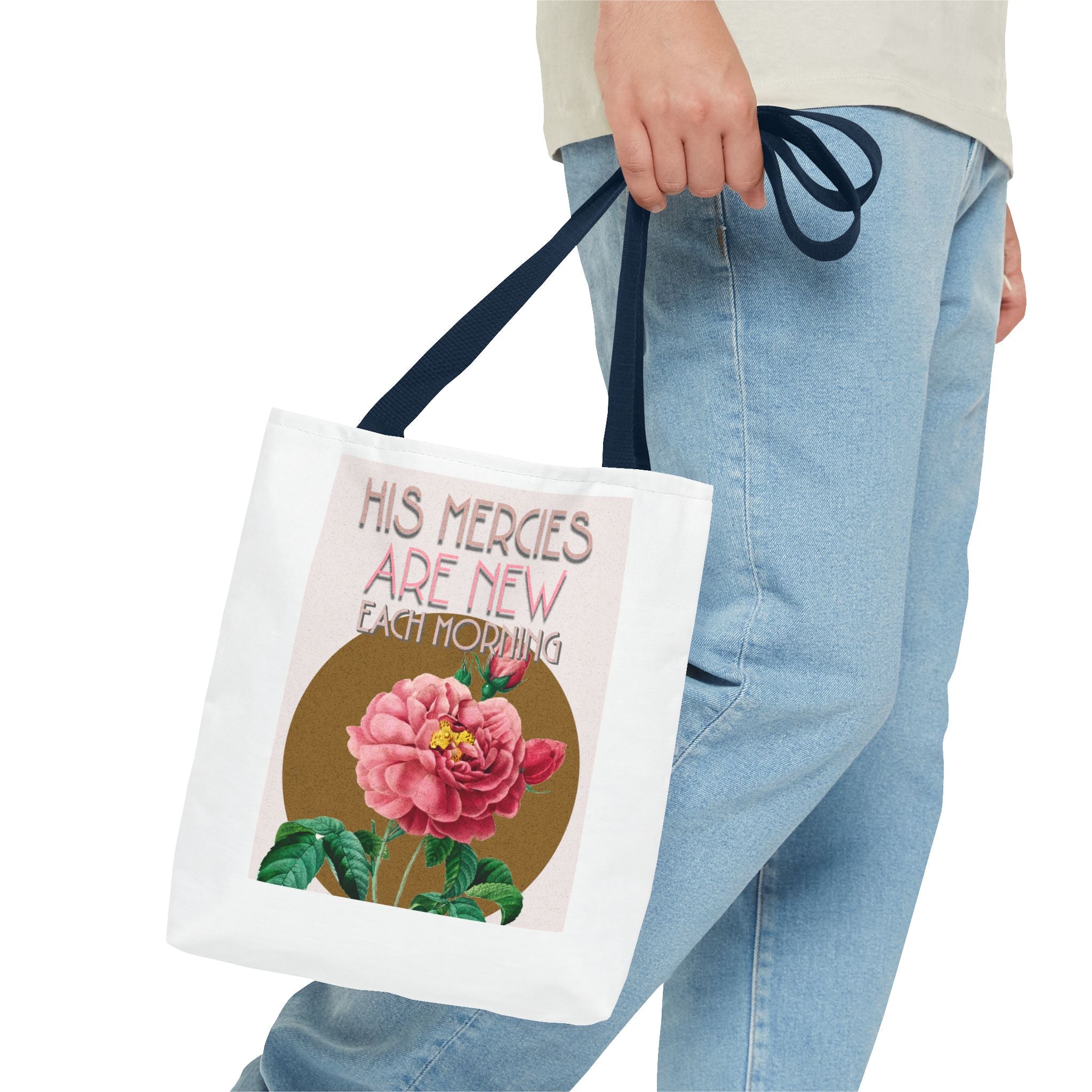 Lamentations 3:23 floral Christian tote bag — His Mercies Are New Each Morning. Beautiful faith gift for women. Durable all-over print. 3 sizes.