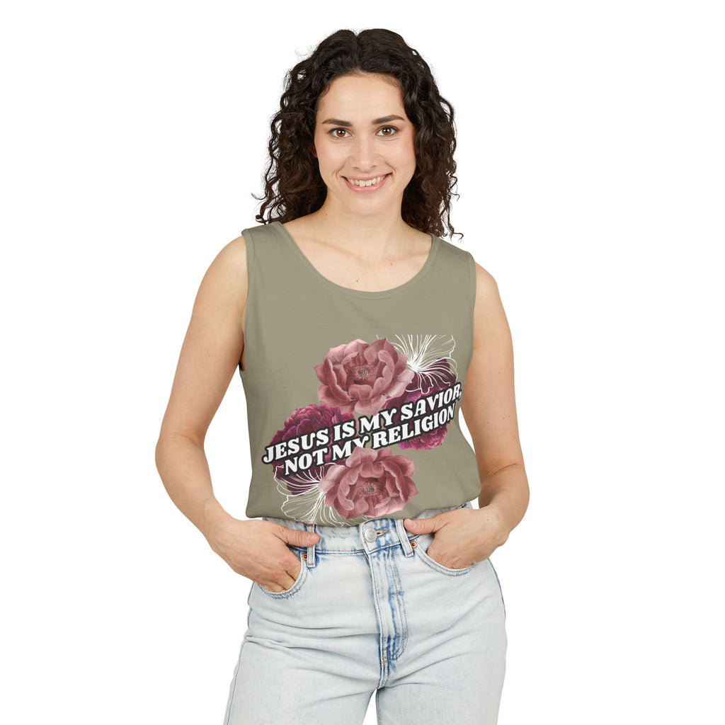 Jesus Is My Savior Not My Religion floral Christian tank top. Unisex garment-dyed, 100% US cotton. Bold faith gift for women. Eco-friendly & made to order.