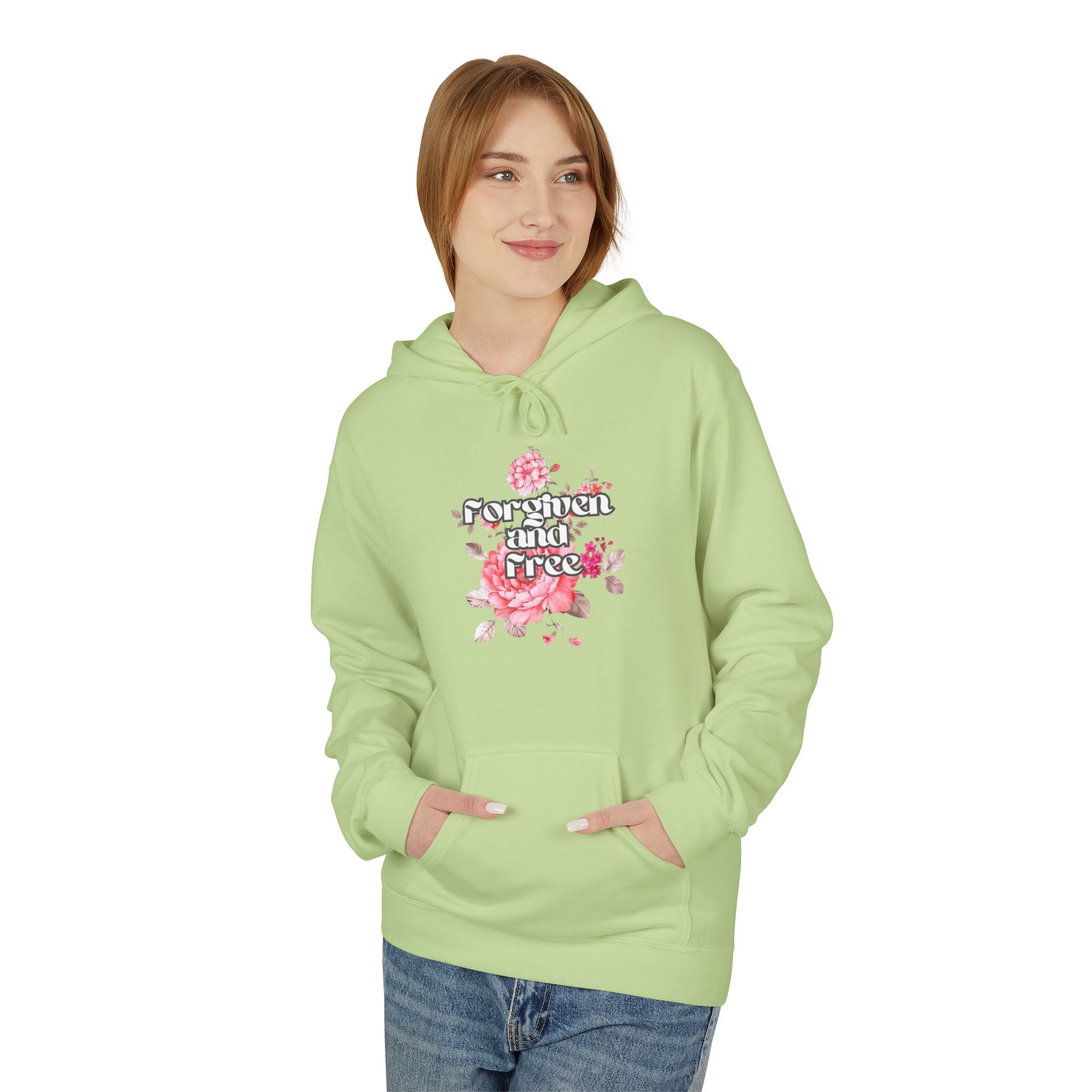 Floral  Christian hoodie — forgiven and free in Jesus. Beautiful rose faith sweatshirt for women. Perfect Christian gift. Multiple sizes.