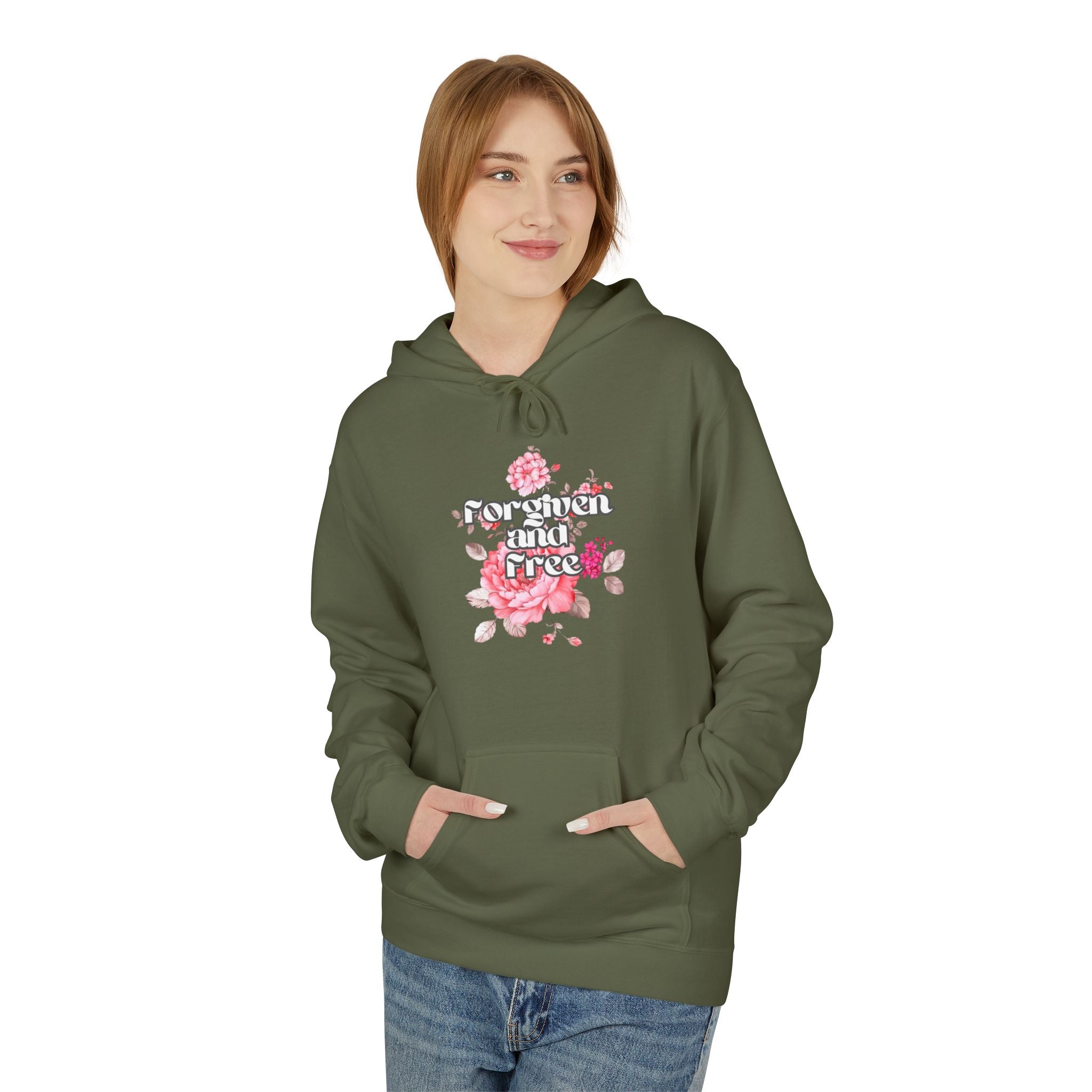 Floral  Christian hoodie — forgiven and free in Jesus. Beautiful rose faith sweatshirt for women. Perfect Christian gift. Multiple sizes.
