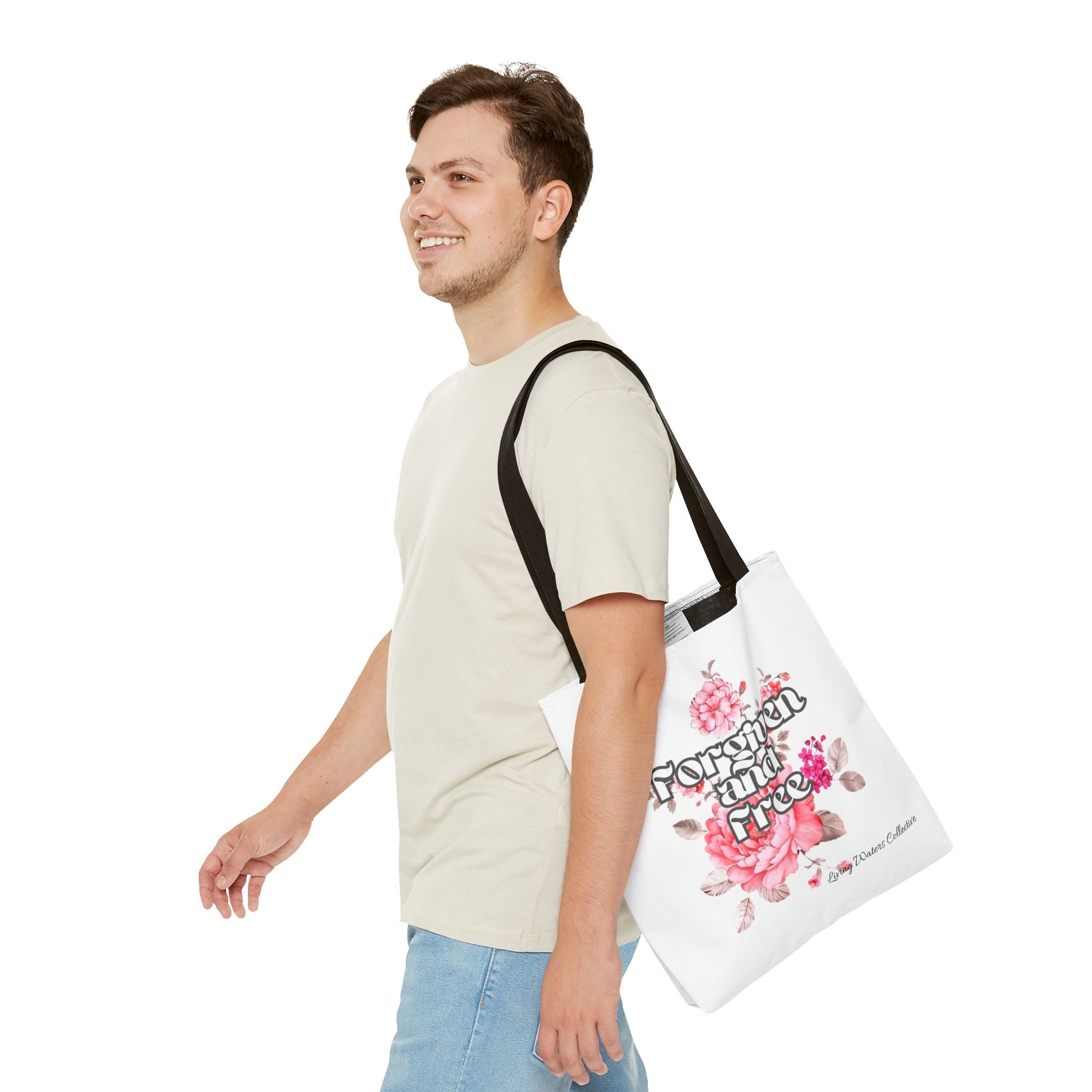 Forgiven and Free Tote Bag | Floral Script Design
