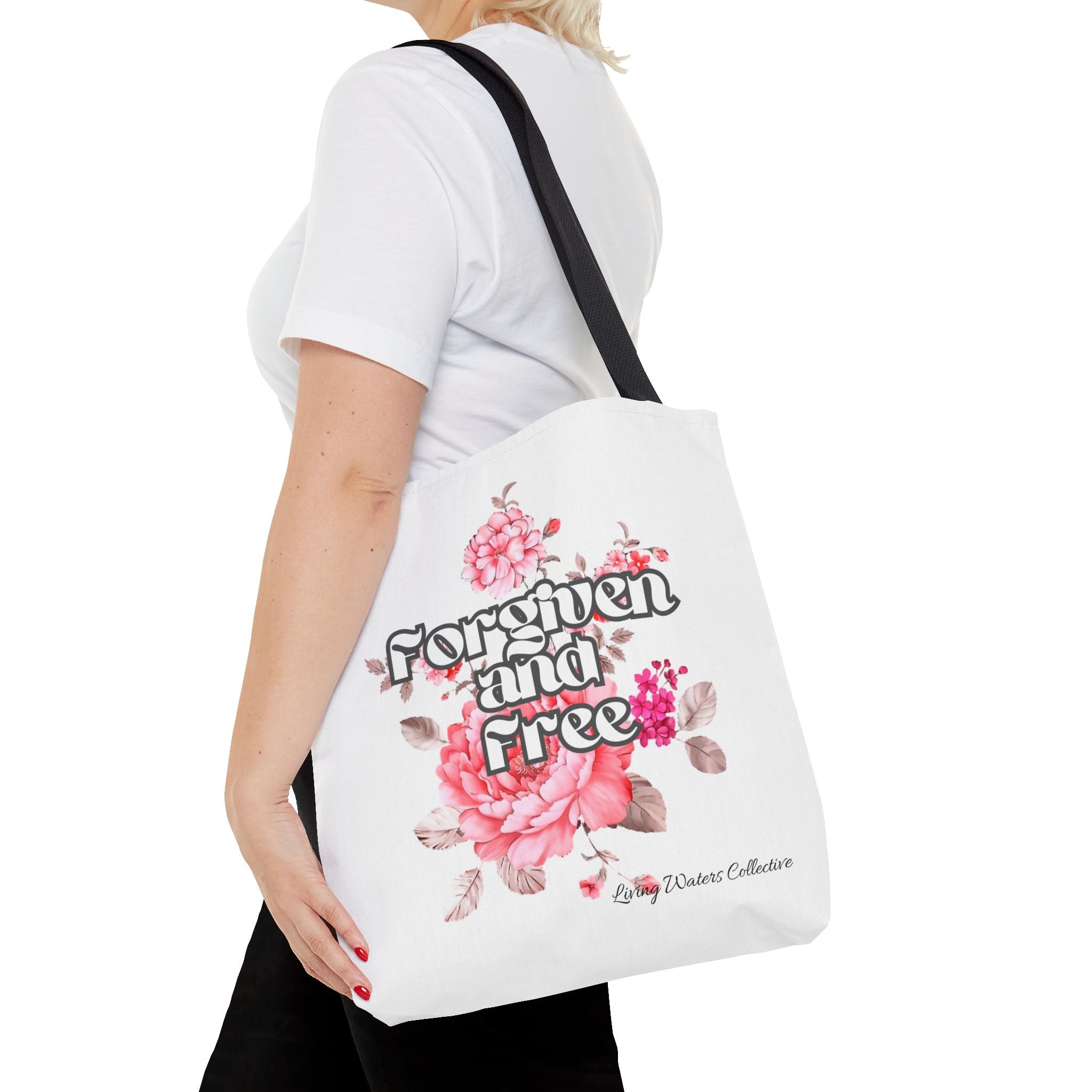 Forgiven and Free Tote Bag | Floral Script Design