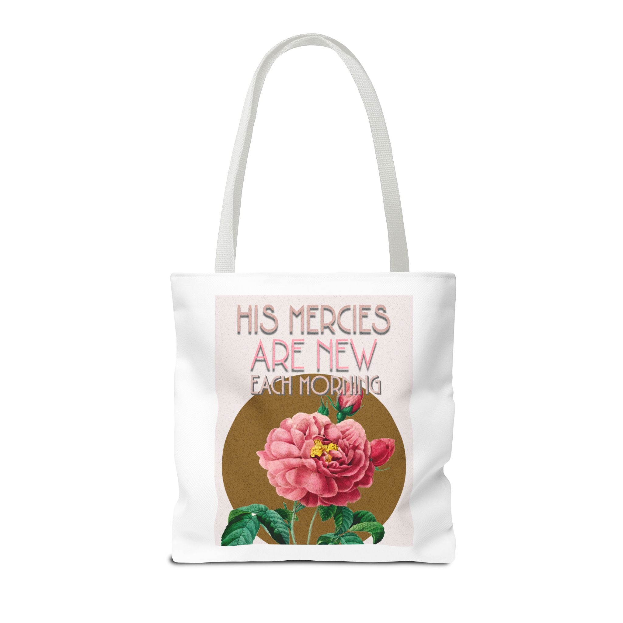 Lamentations 3:23 floral Christian tote bag — His Mercies Are New Each Morning. Beautiful faith gift for women. Durable all-over print. 3 sizes.