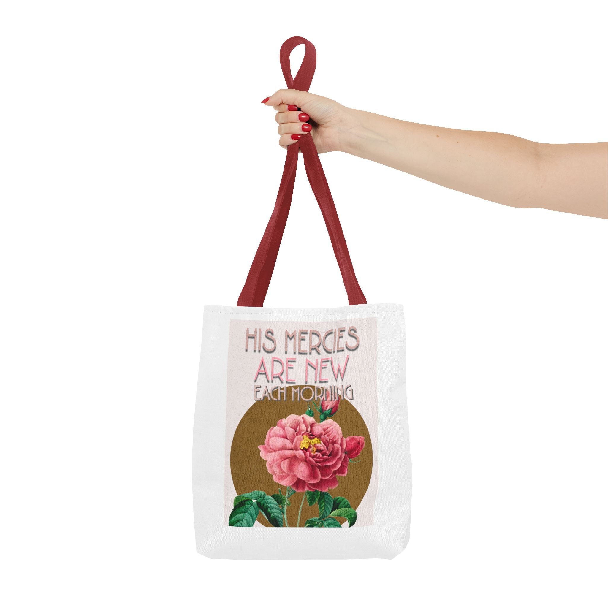 Lamentations 3:23 floral Christian tote bag — His Mercies Are New Each Morning. Beautiful faith gift for women. Durable all-over print. 3 sizes.