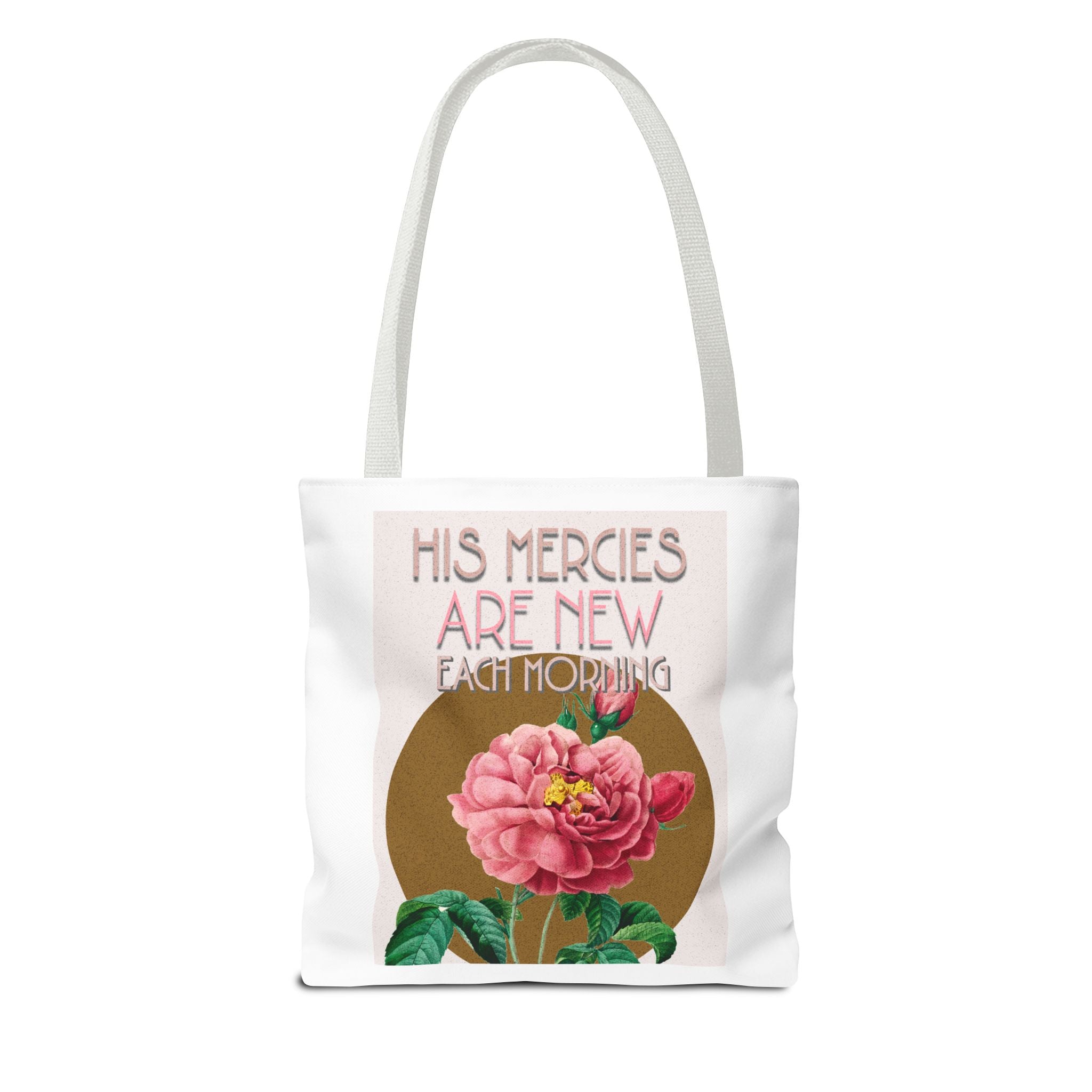 Lamentations 3:23 floral Christian tote bag — His Mercies Are New Each Morning. Beautiful faith gift for women. Durable all-over print. 3 sizes.