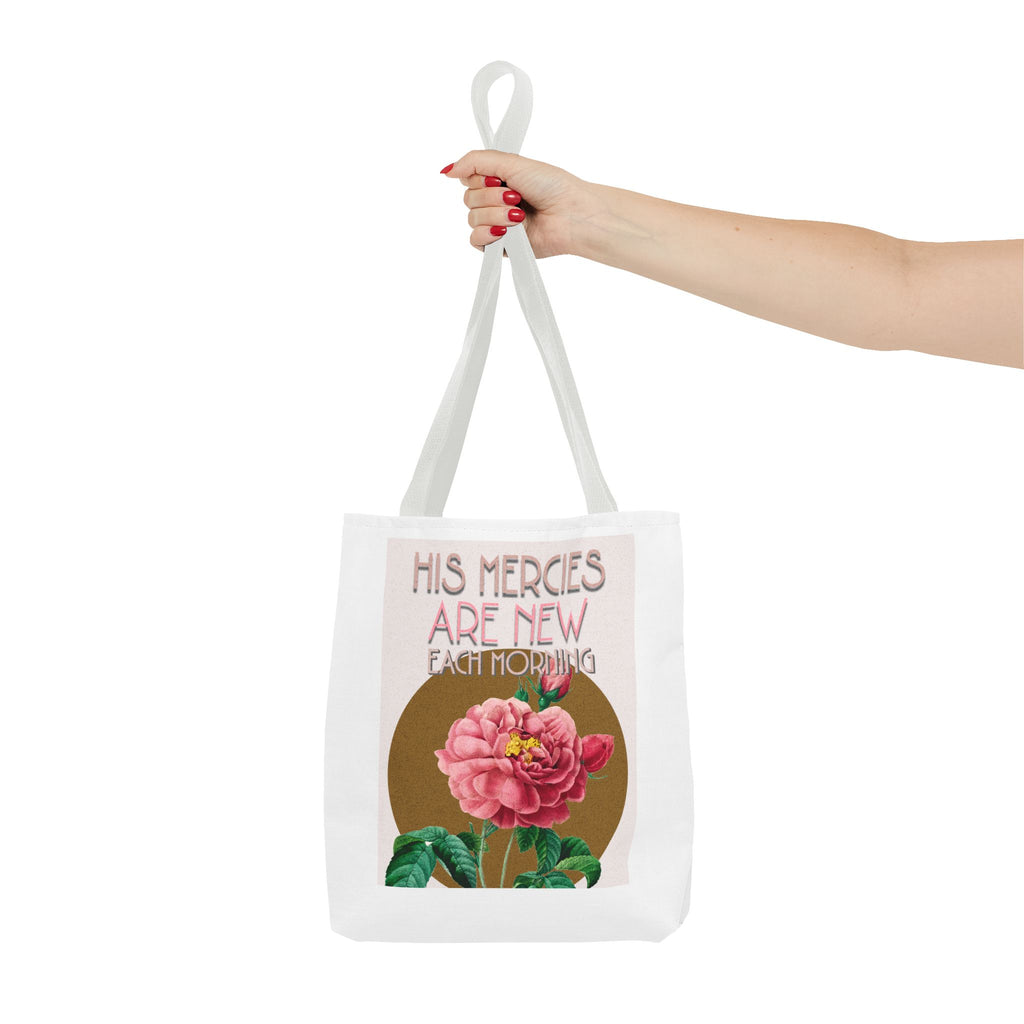 Lamentations 3:23 floral Christian tote bag — His Mercies Are New Each Morning. Beautiful faith gift for women. Durable all-over print. 3 sizes.