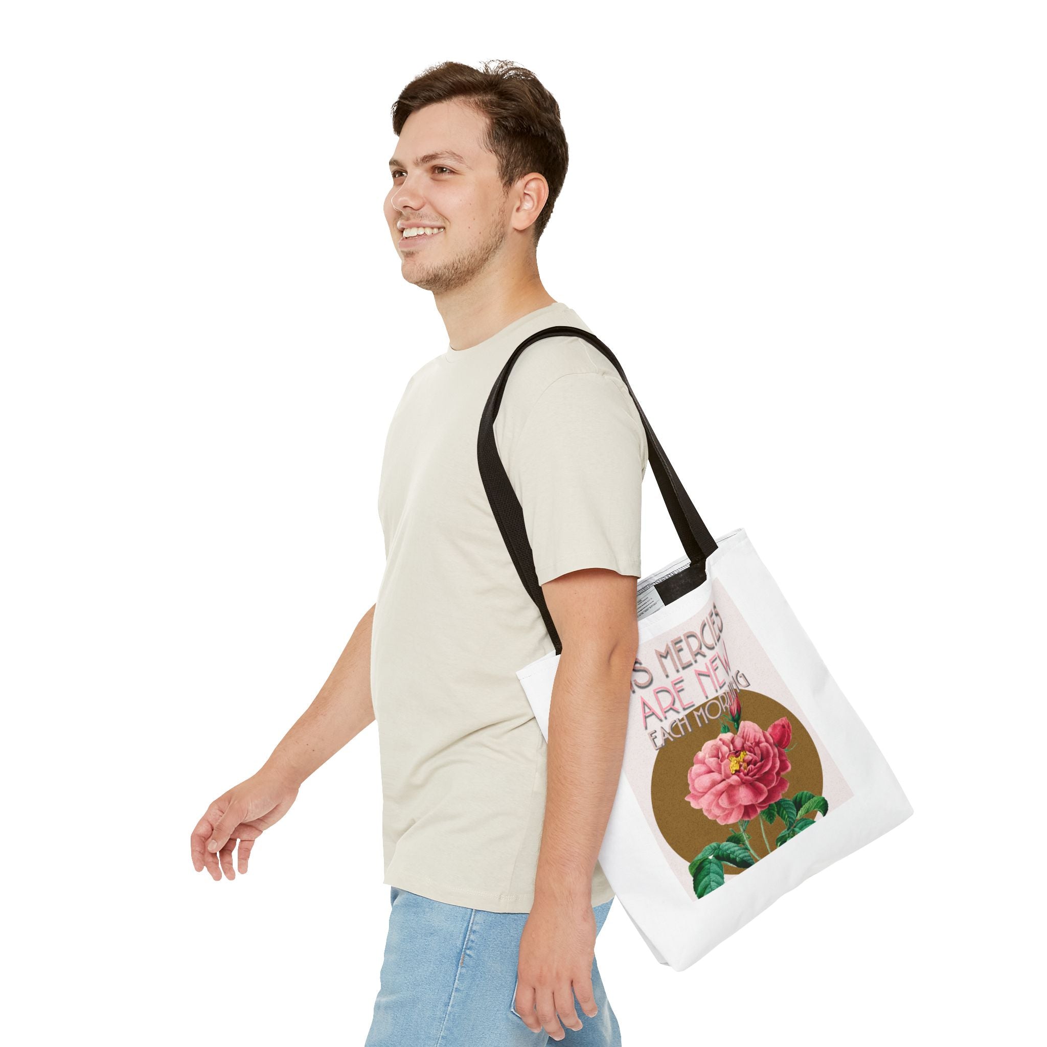 Lamentations 3:23 floral Christian tote bag — His Mercies Are New Each Morning. Beautiful faith gift for women. Durable all-over print. 3 sizes.