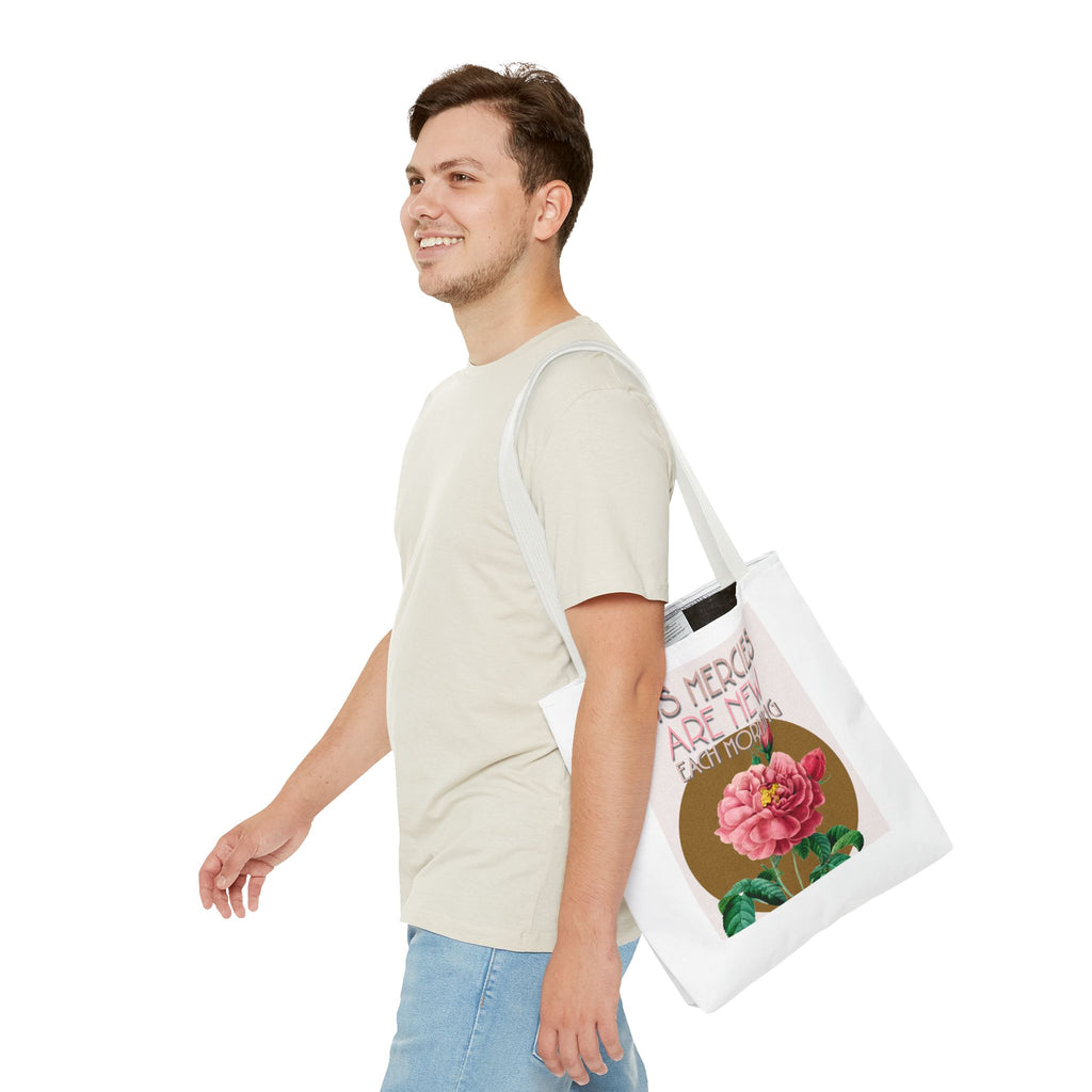 Lamentations 3:23 floral Christian tote bag — His Mercies Are New Each Morning. Beautiful faith gift for women. Durable all-over print. 3 sizes.