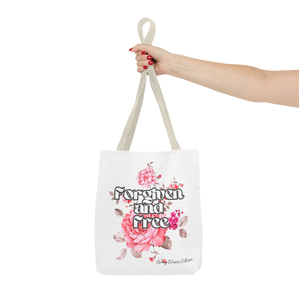 Forgiven and Free Tote Bag | Floral Script Design