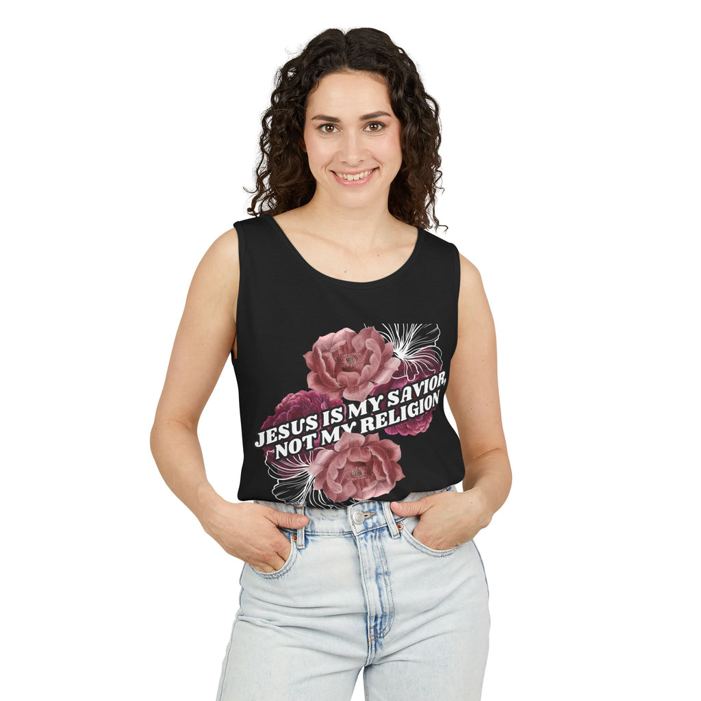 Jesus Is My Savior Not My Religion floral Christian tank top. Unisex garment-dyed, 100% US cotton. Bold faith gift for women. Eco-friendly & made to order.