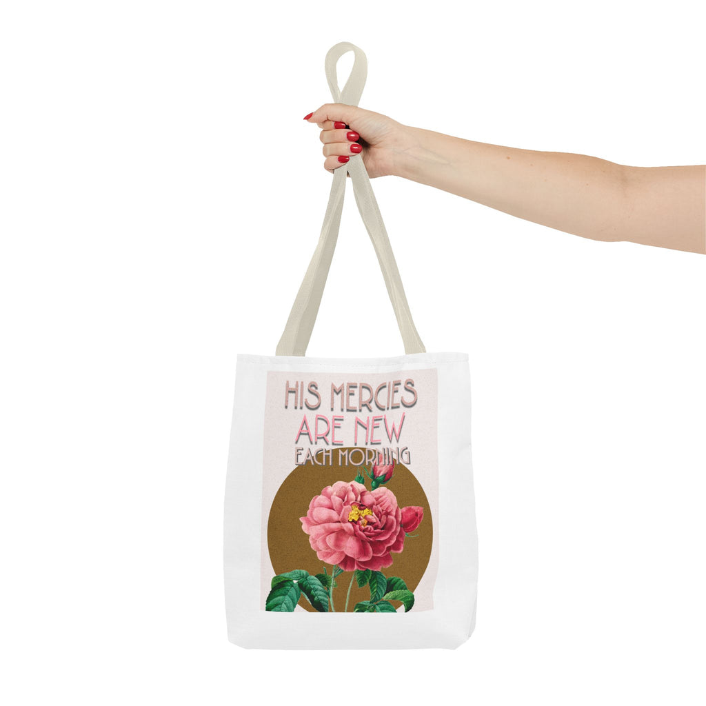 Lamentations 3:23 floral Christian tote bag — His Mercies Are New Each Morning. Beautiful faith gift for women. Durable all-over print. 3 sizes.