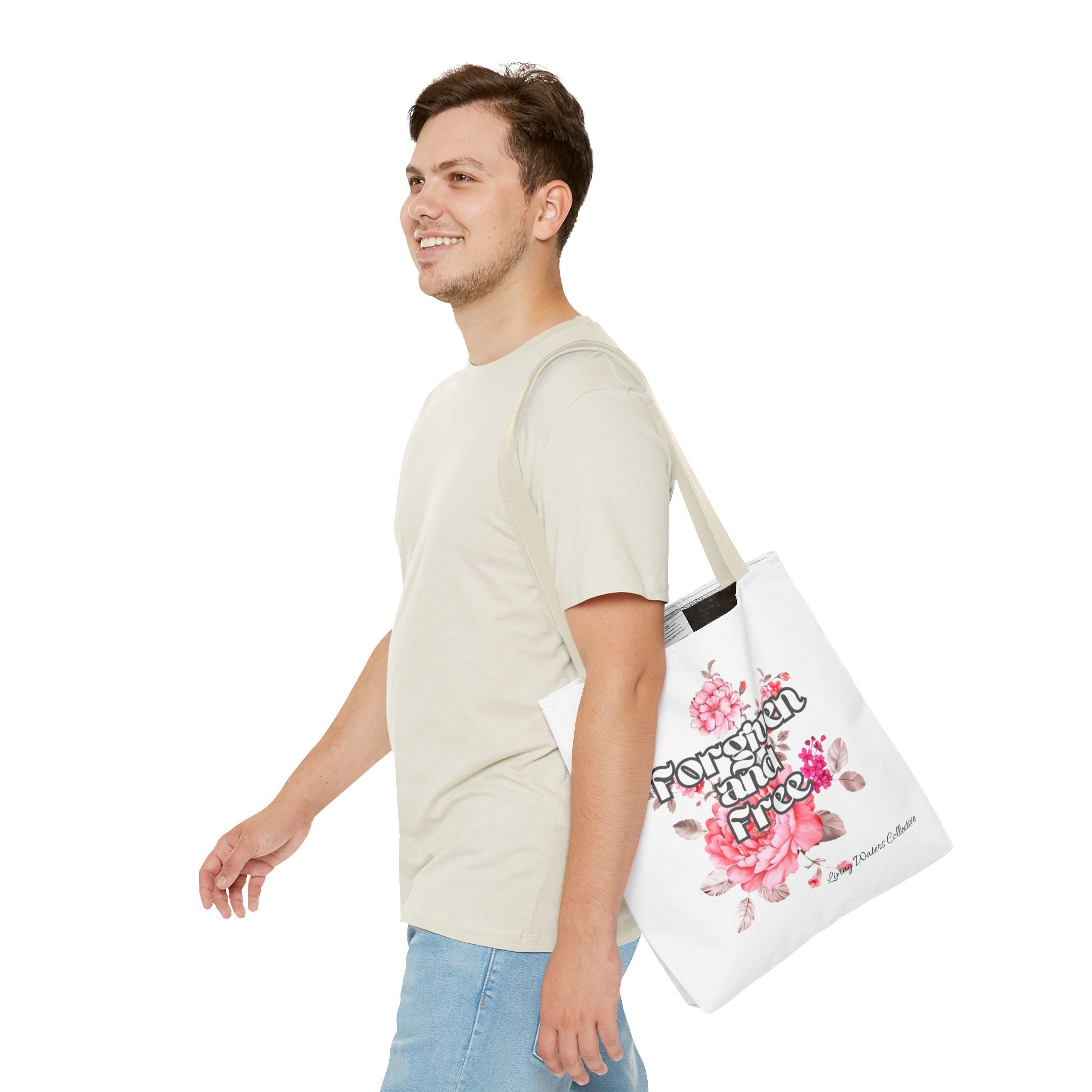 Forgiven and Free Tote Bag | Floral Script Design