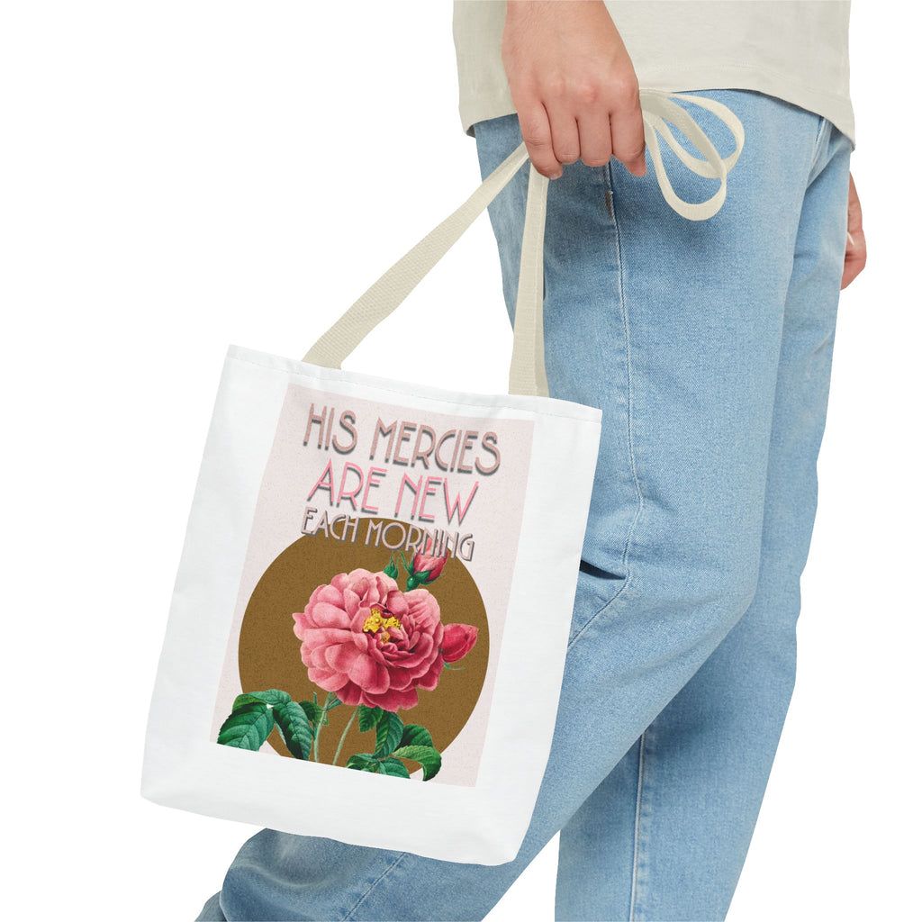 Lamentations 3:23 floral Christian tote bag — His Mercies Are New Each Morning. Beautiful faith gift for women. Durable all-over print. 3 sizes.
