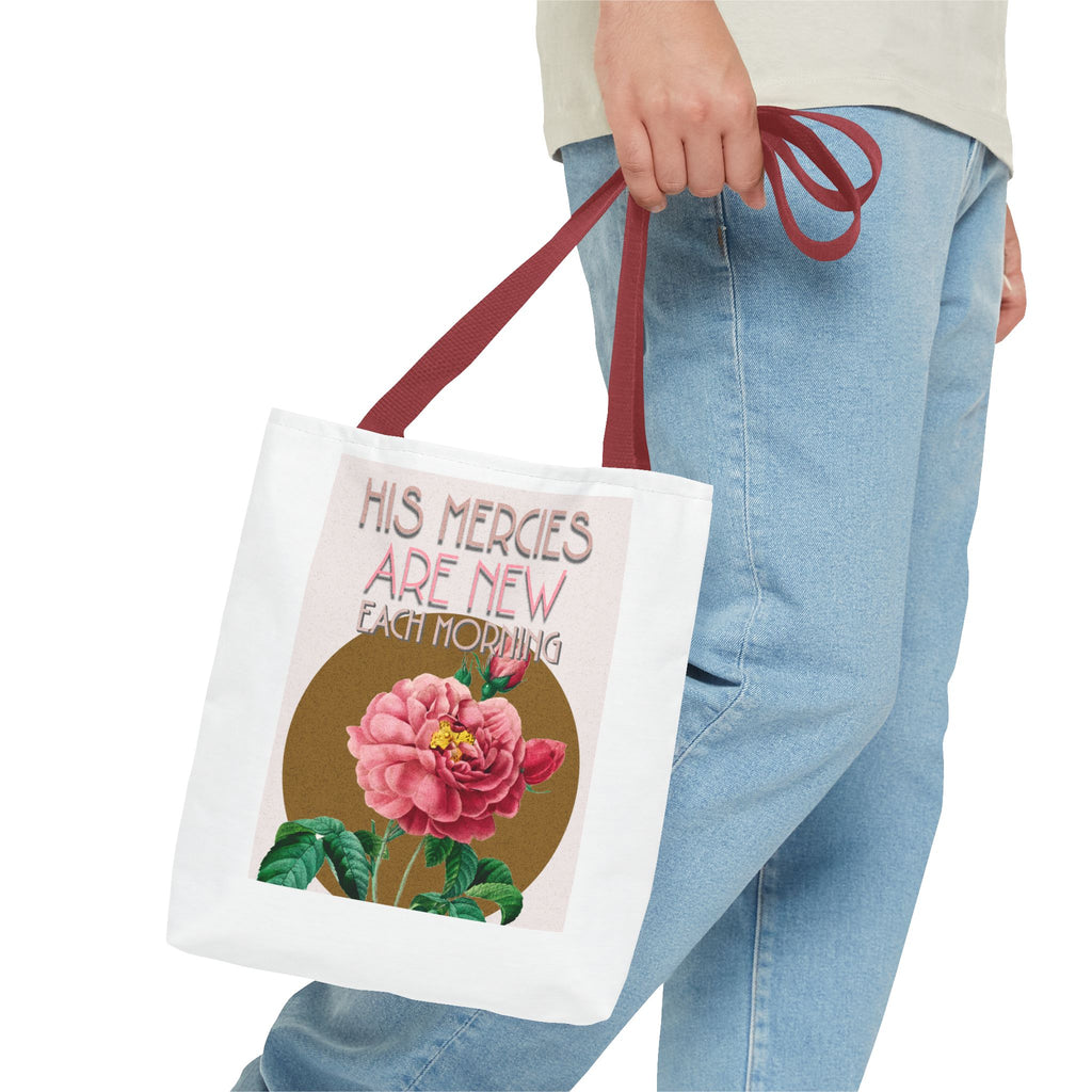 Lamentations 3:23 floral Christian tote bag — His Mercies Are New Each Morning. Beautiful faith gift for women. Durable all-over print. 3 sizes.