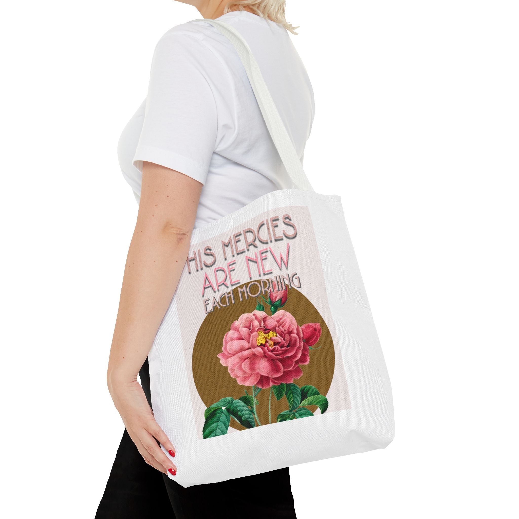 Lamentations 3:23 floral Christian tote bag — His Mercies Are New Each Morning. Beautiful faith gift for women. Durable all-over print. 3 sizes.