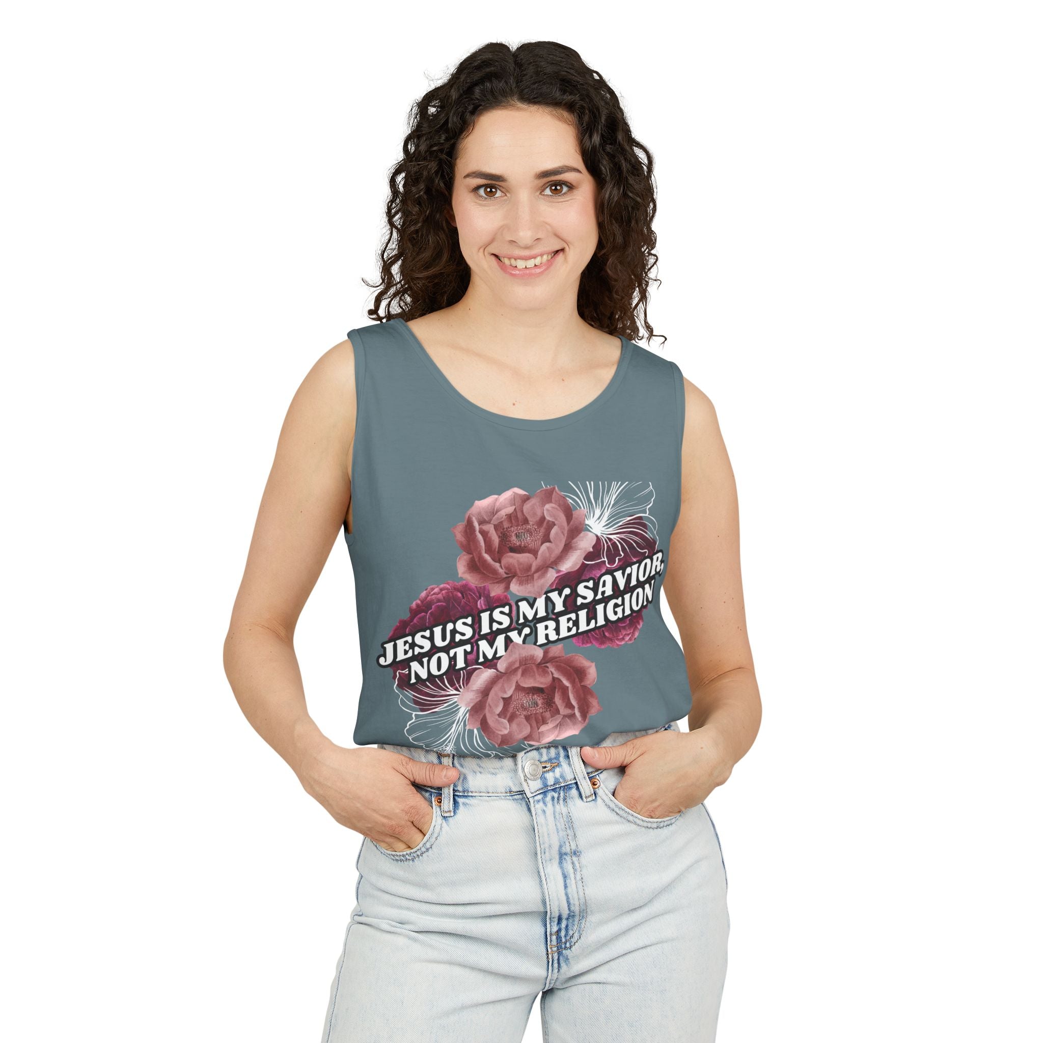 Jesus Is My Savior Not My Religion floral Christian tank top. Unisex garment-dyed, 100% US cotton. Bold faith gift for women. Eco-friendly & made to order.