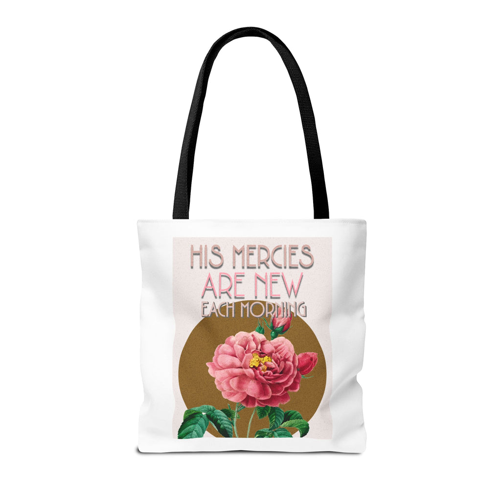 Lamentations 3:23 floral Christian tote bag — His Mercies Are New Each Morning. Beautiful faith gift for women. Durable all-over print. 3 sizes.