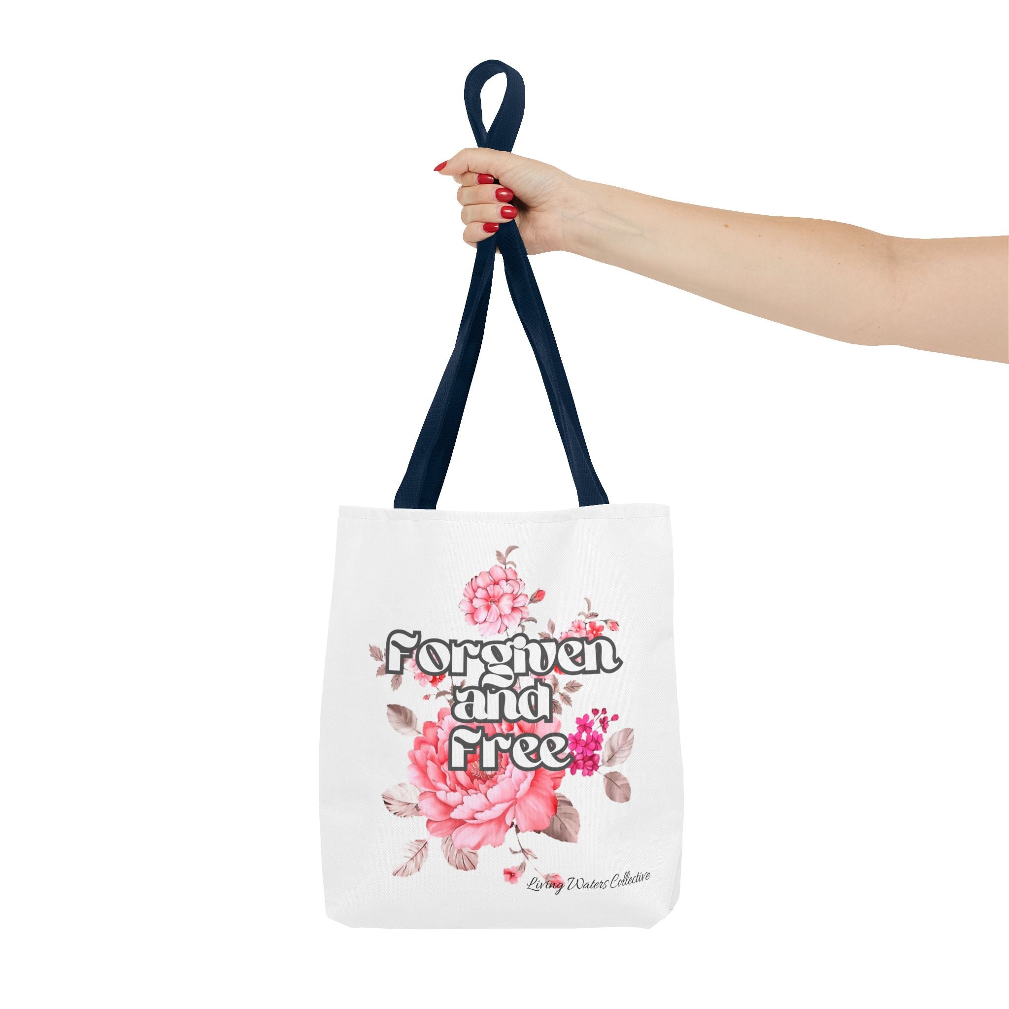 Forgiven and Free Tote Bag | Floral Script Design