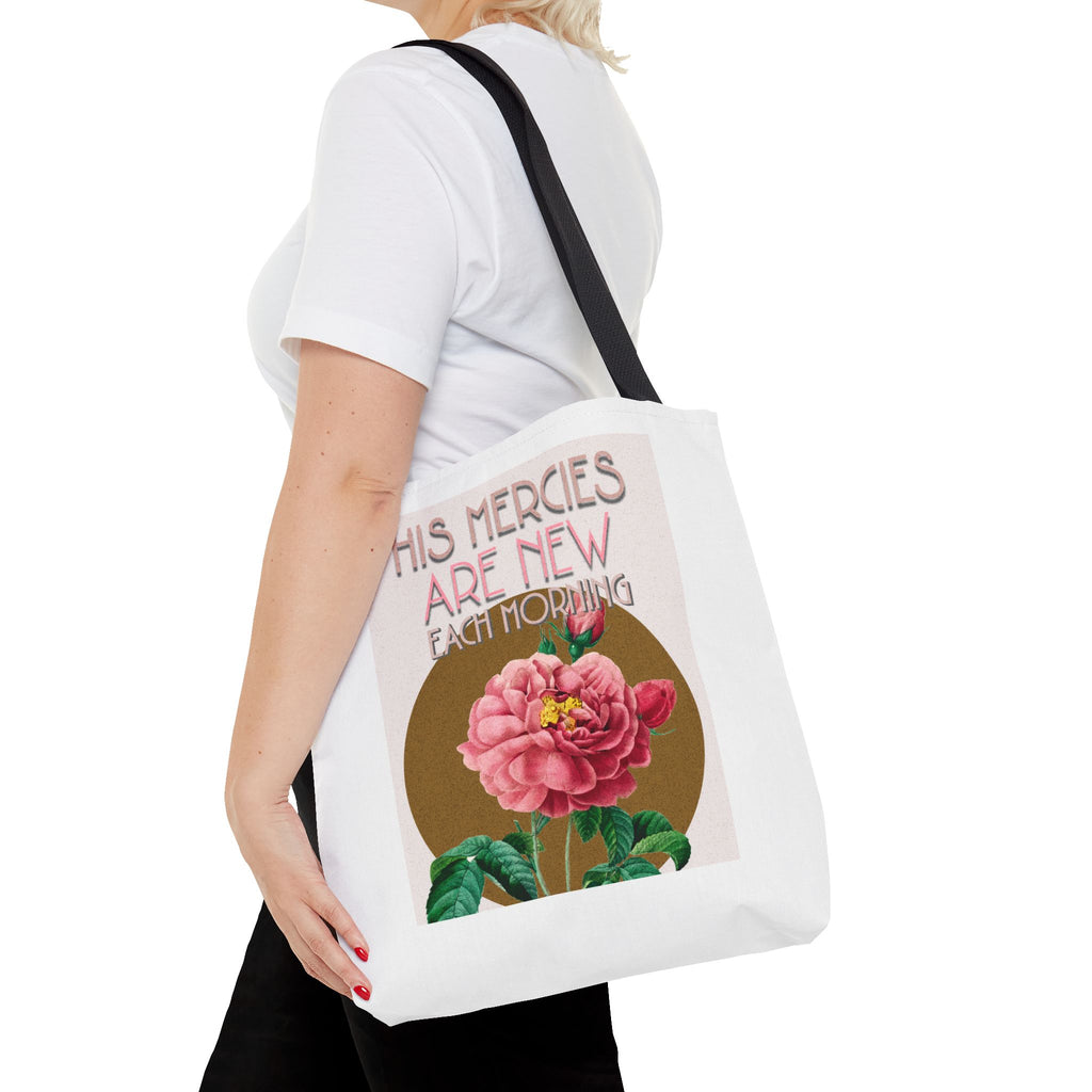 Lamentations 3:23 floral Christian tote bag — His Mercies Are New Each Morning. Beautiful faith gift for women. Durable all-over print. 3 sizes.