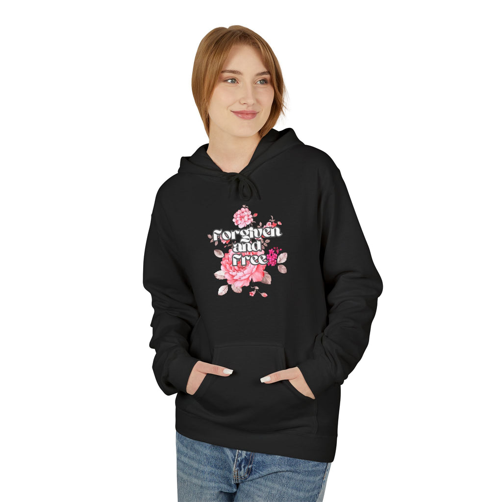Floral  Christian hoodie — forgiven and free in Jesus. Beautiful rose faith sweatshirt for women. Perfect Christian gift. Multiple sizes.