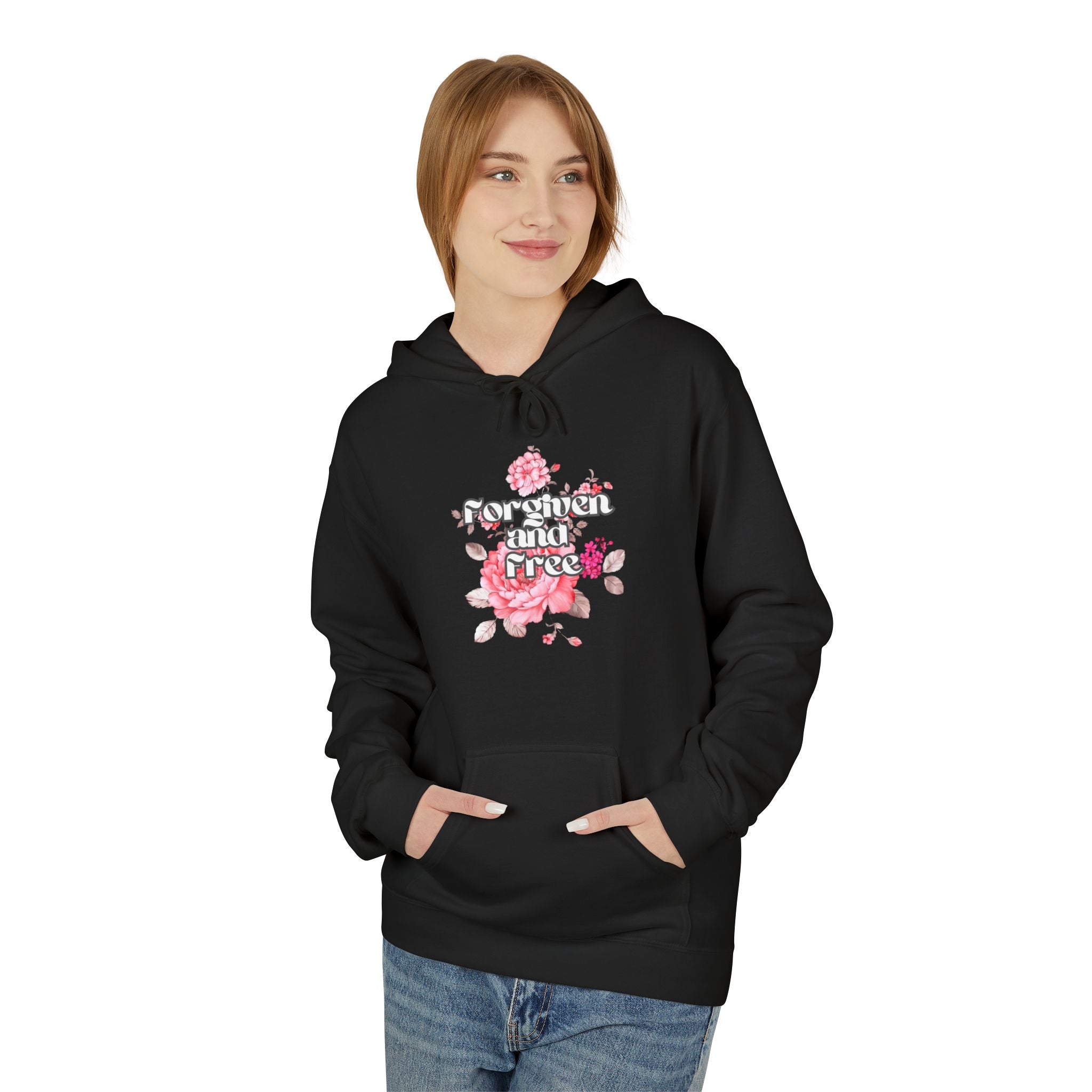 Floral  Christian hoodie — forgiven and free in Jesus. Beautiful rose faith sweatshirt for women. Perfect Christian gift. Multiple sizes.