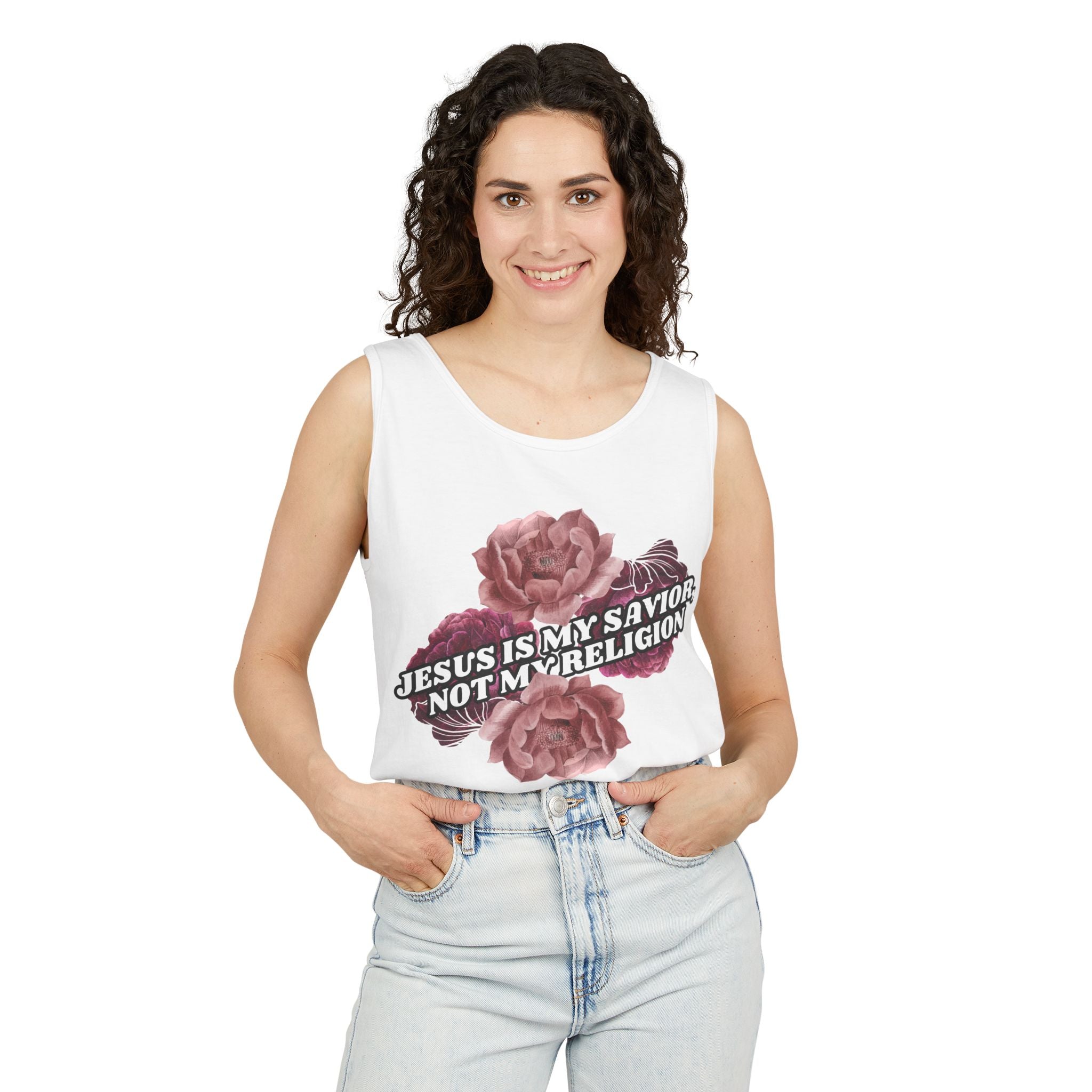 Jesus Is My Savior Not My Religion floral Christian tank top. Unisex garment-dyed, 100% US cotton. Bold faith gift for women. Eco-friendly & made to order.