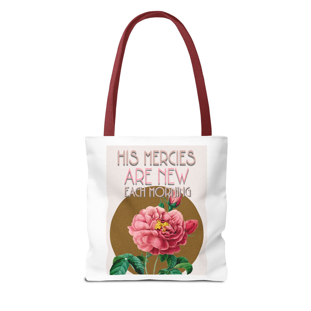 Lamentations 3:23 floral Christian tote bag — His Mercies Are New Each Morning. Beautiful faith gift for women. Durable all-over print. 3 sizes.