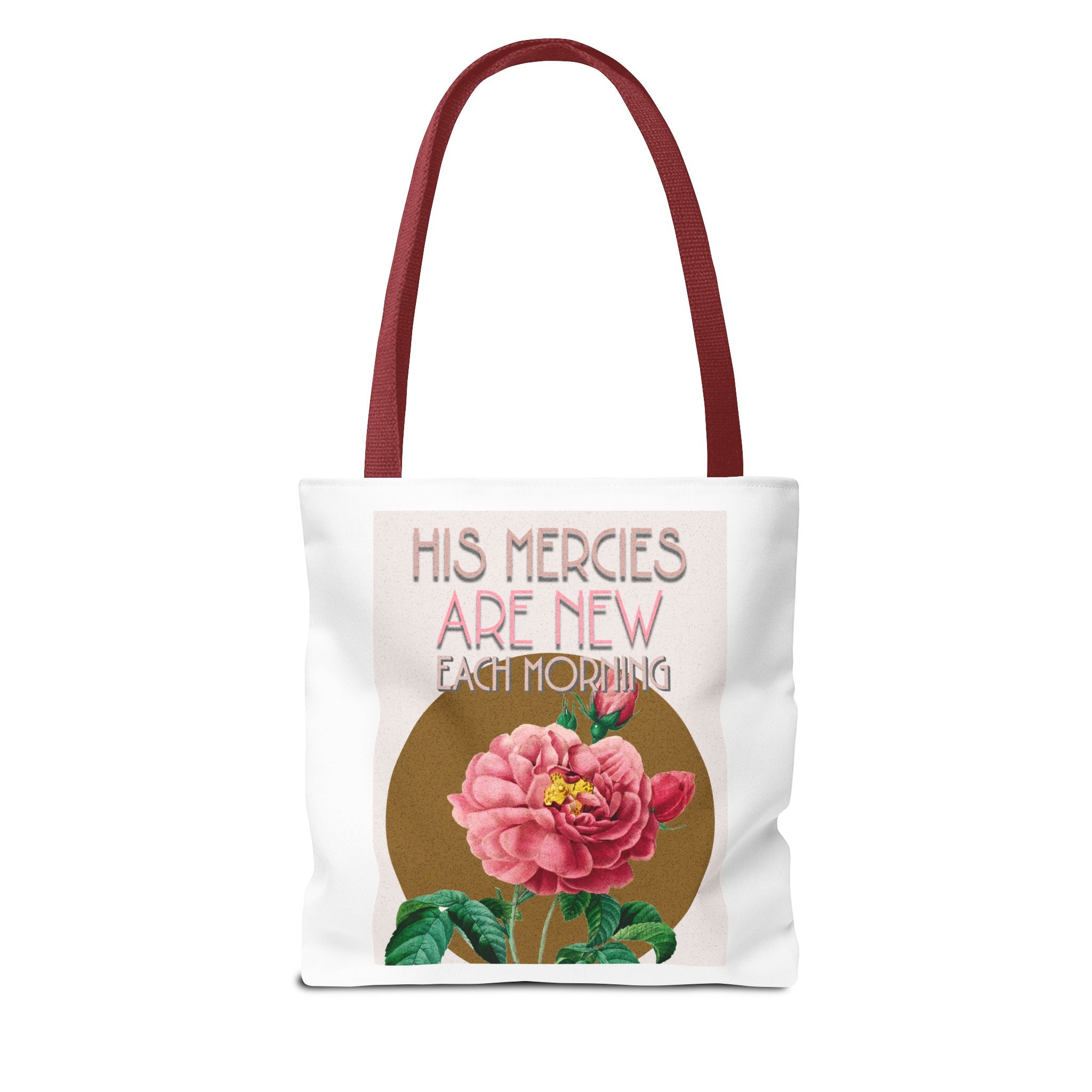 Lamentations 3:23 floral Christian tote bag — His Mercies Are New Each Morning. Beautiful faith gift for women. Durable all-over print. 3 sizes.